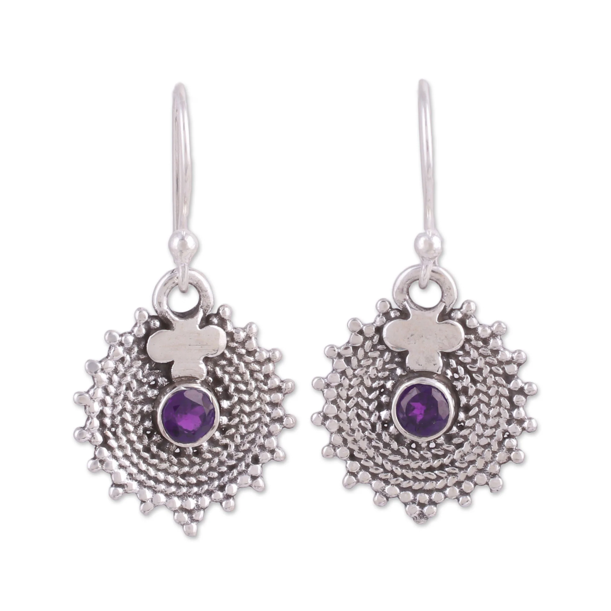Purple Sunbeams Indian Amethyst and Sterling Silver Round Dangle Earrings - Image 2