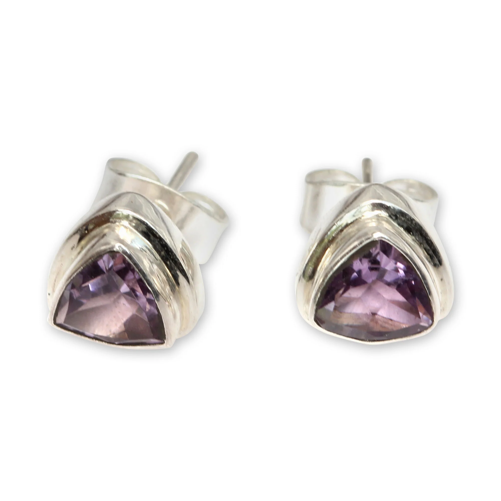 Purple Trinity Artisan Crafted Amethyst and Sterling Silver Stud Earrings - Image 2