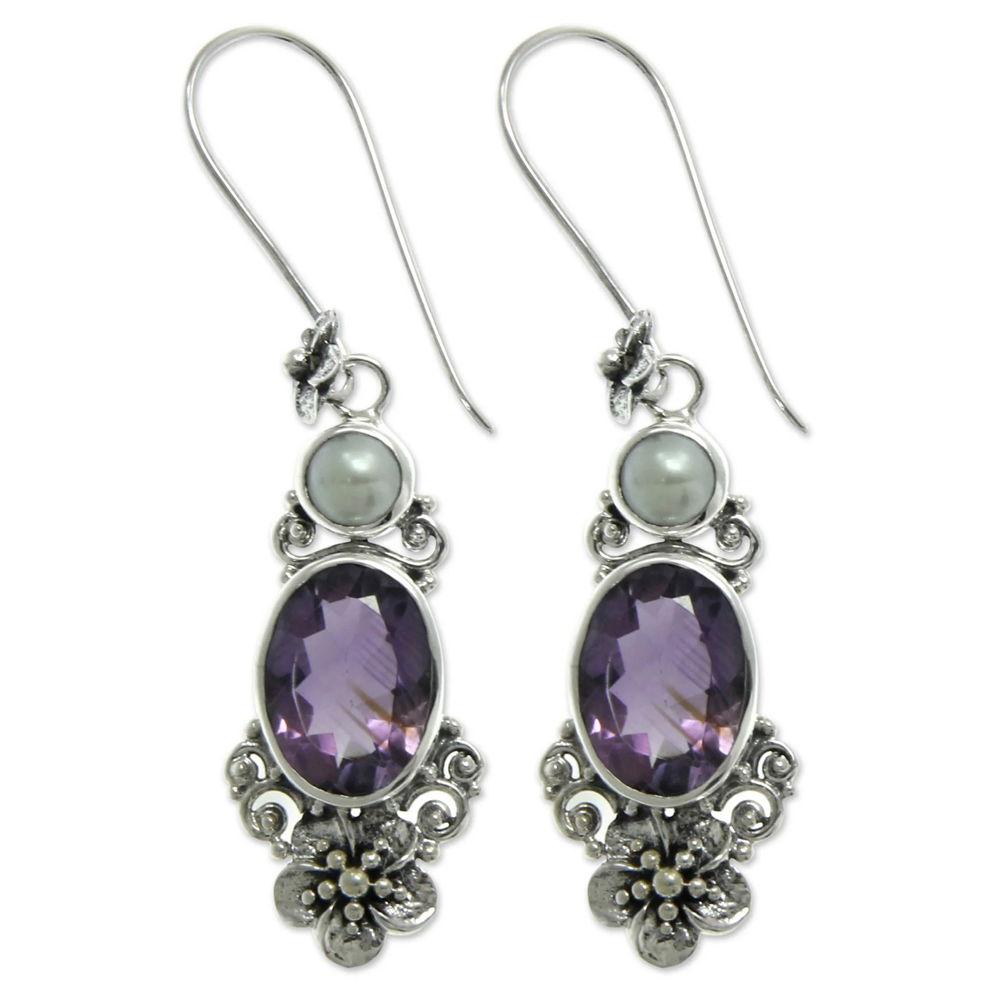 Queen of Flowers Amethyst & Pearl Dangle Earrings - Image 2