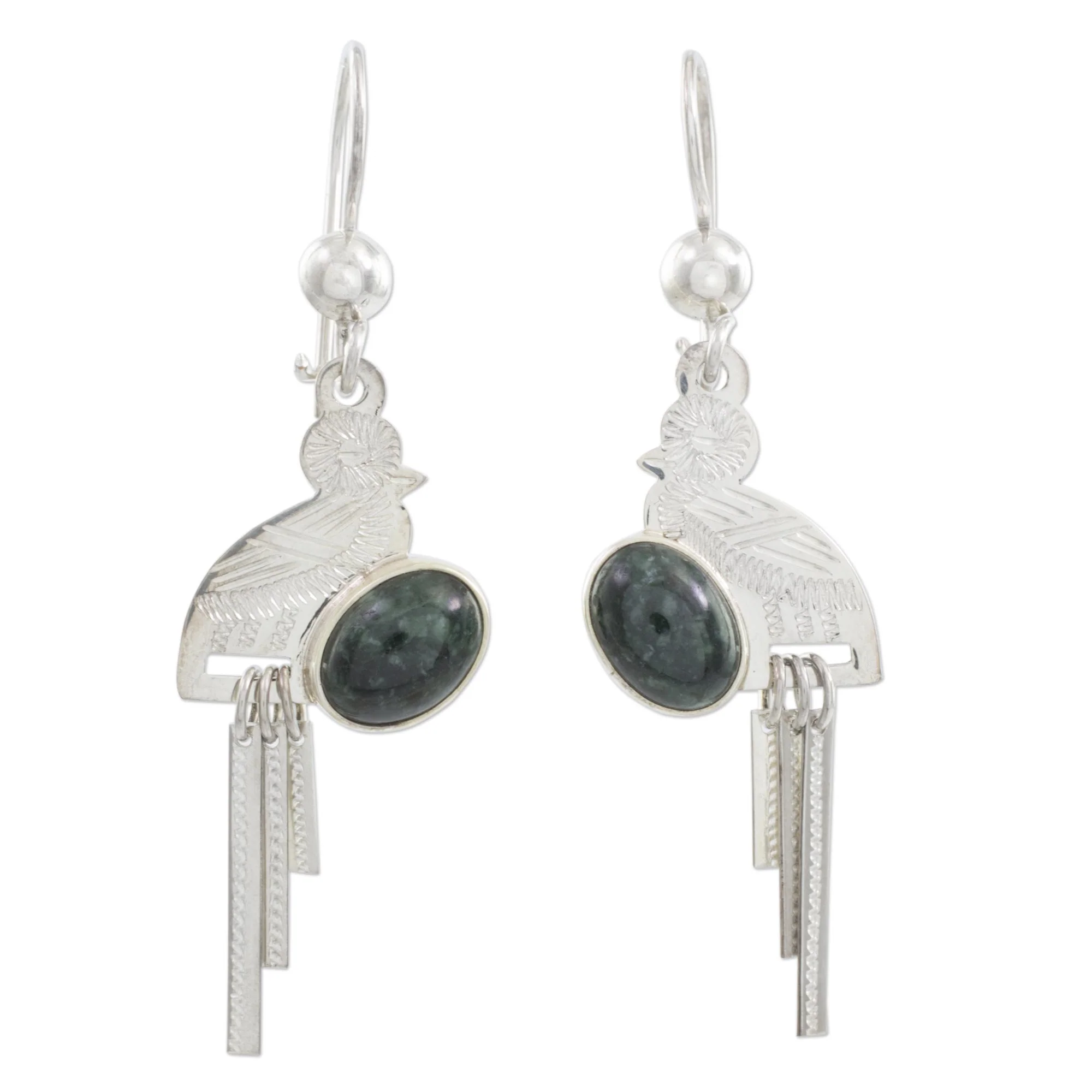 Quetzal Flight Handcrafted Sterling Silver Dangle Jade Bird Earrings - Image 2