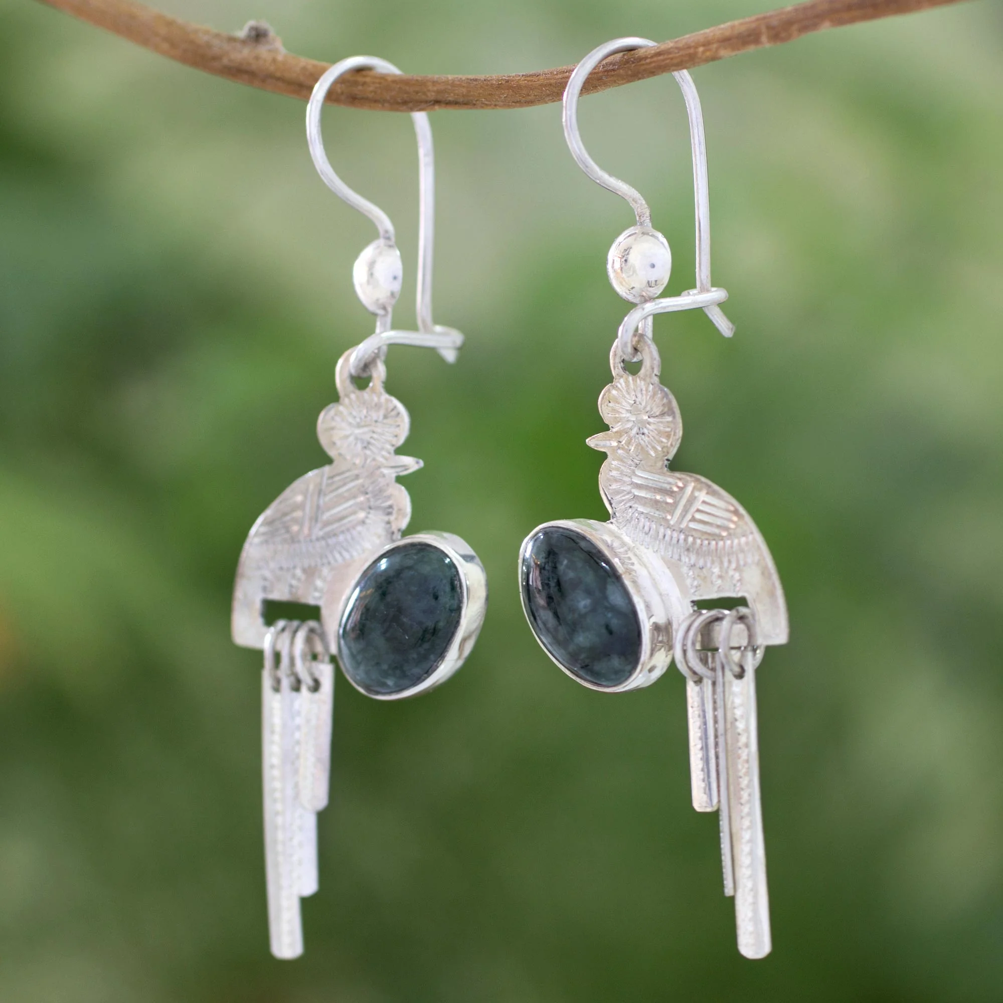Quetzal Flight Handcrafted Sterling Silver Dangle Jade Bird Earrings - Image 4