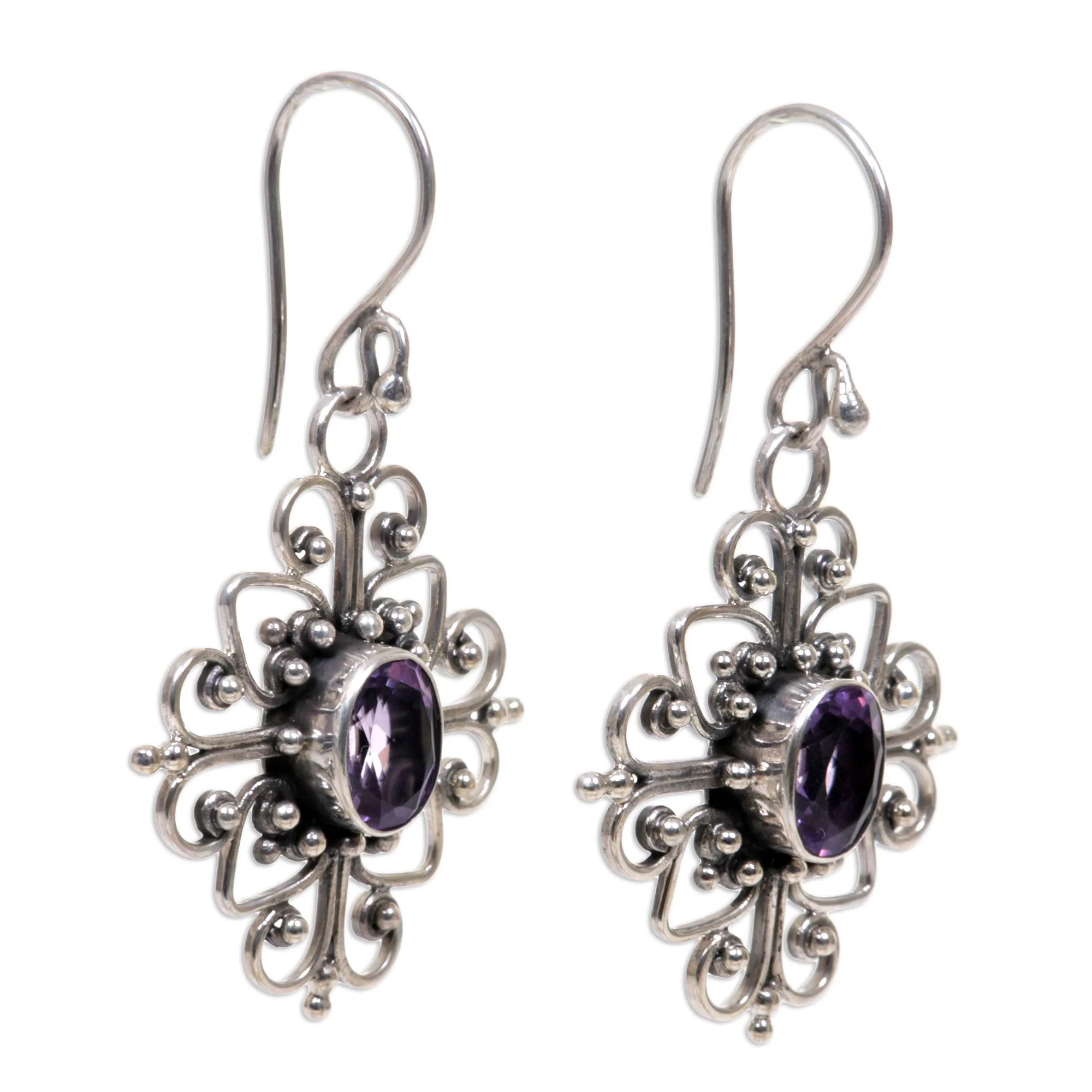 Radiant Blossom Floral Sterling Silver and Amethyst Dangle Earrings - Image 4