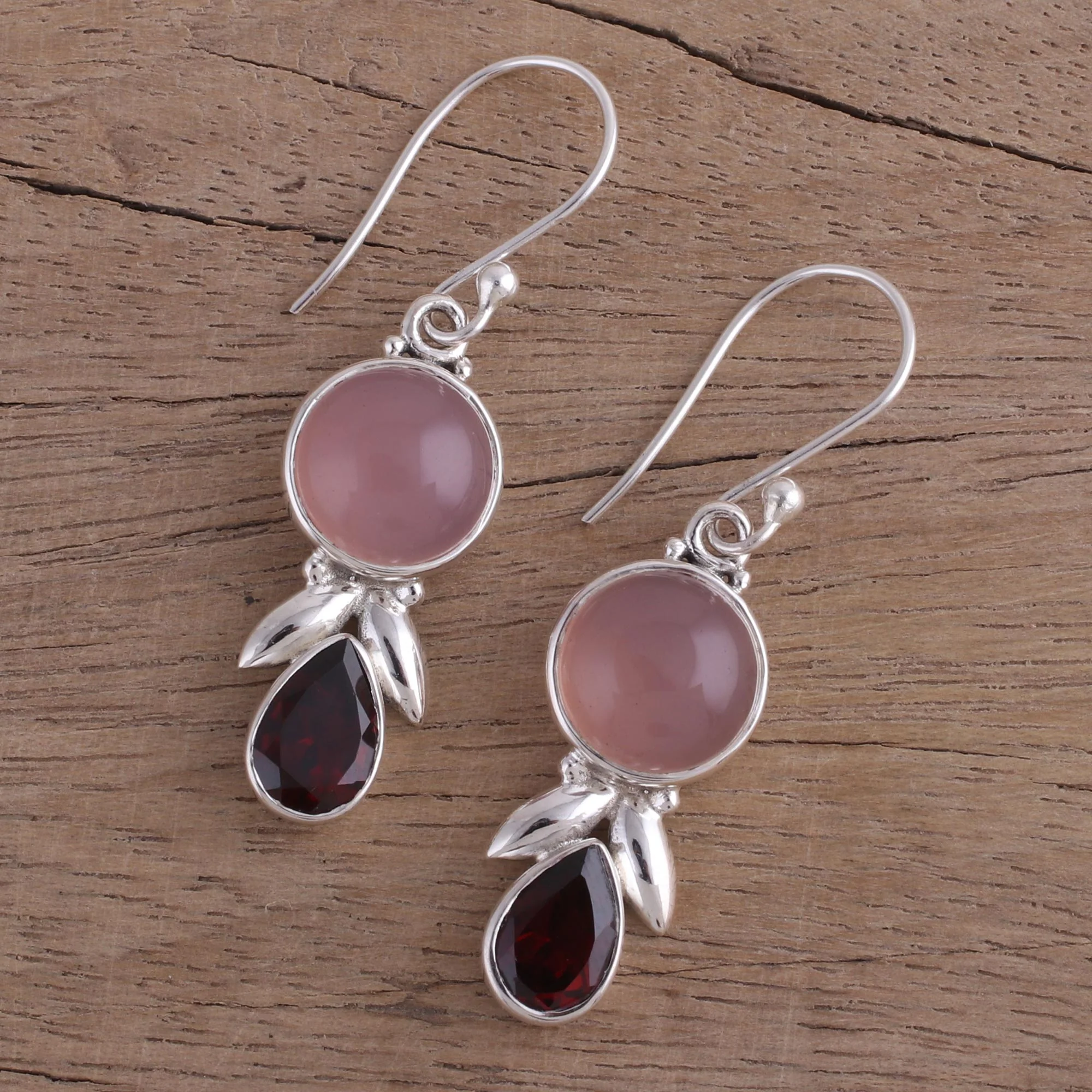 Radiant Gleam Garnet and Pink Chalcedony Dangle Earrings from India - Image 3
