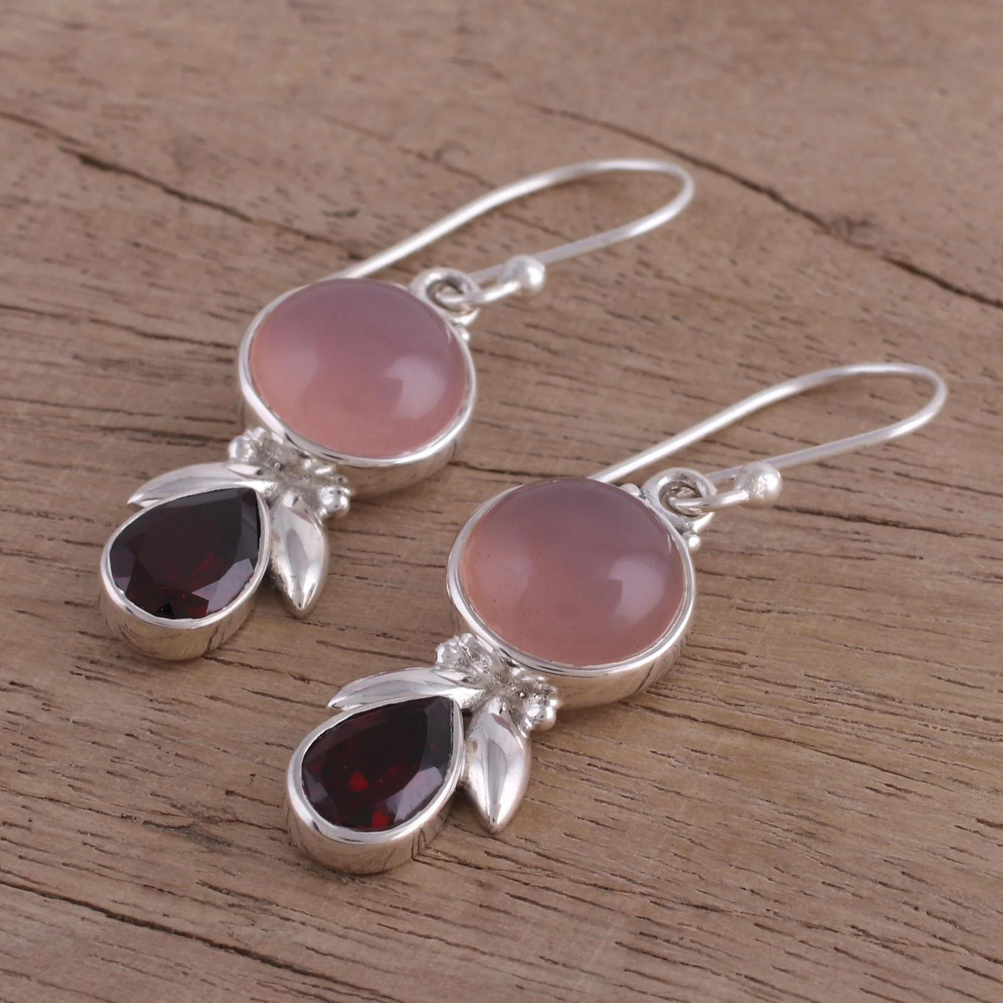 Radiant Gleam Garnet and Pink Chalcedony Dangle Earrings from India - Image 4