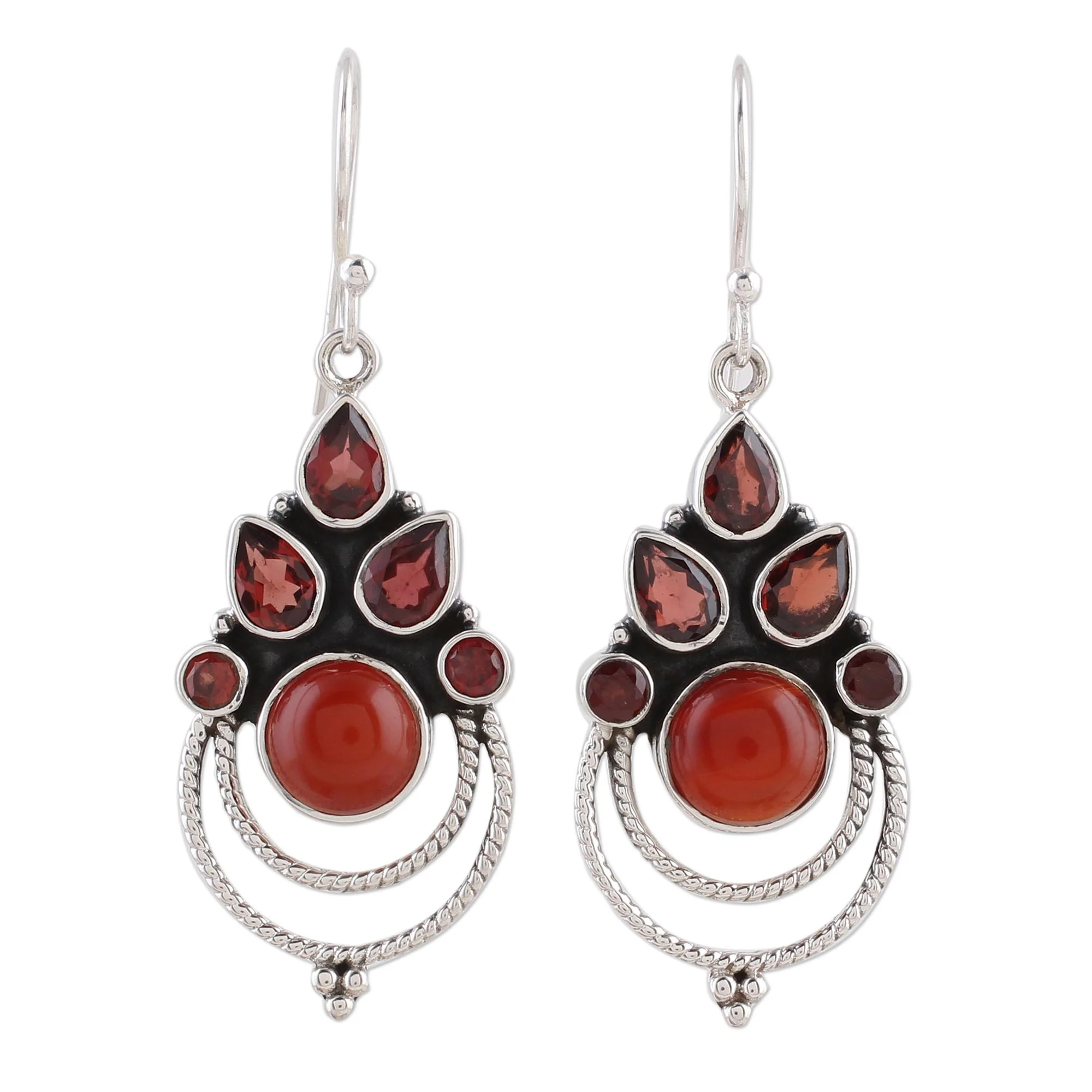 Radiant Harmony Garnet and Carnelian Dangle Earrings by Indian Artisans - Image 2