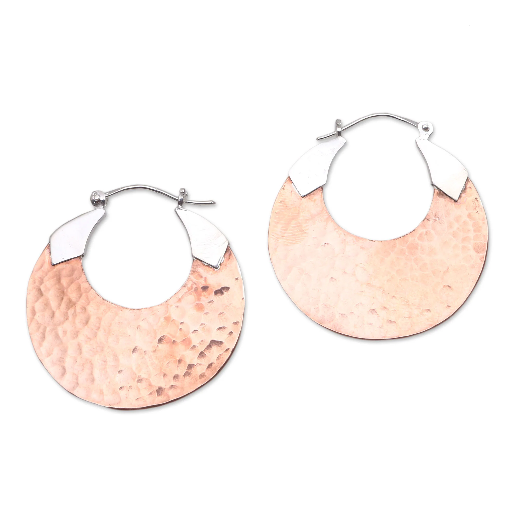 Radiant Reflections 18K Rose Gold Plated Hammered Copper Hoop Earrings - Image 2