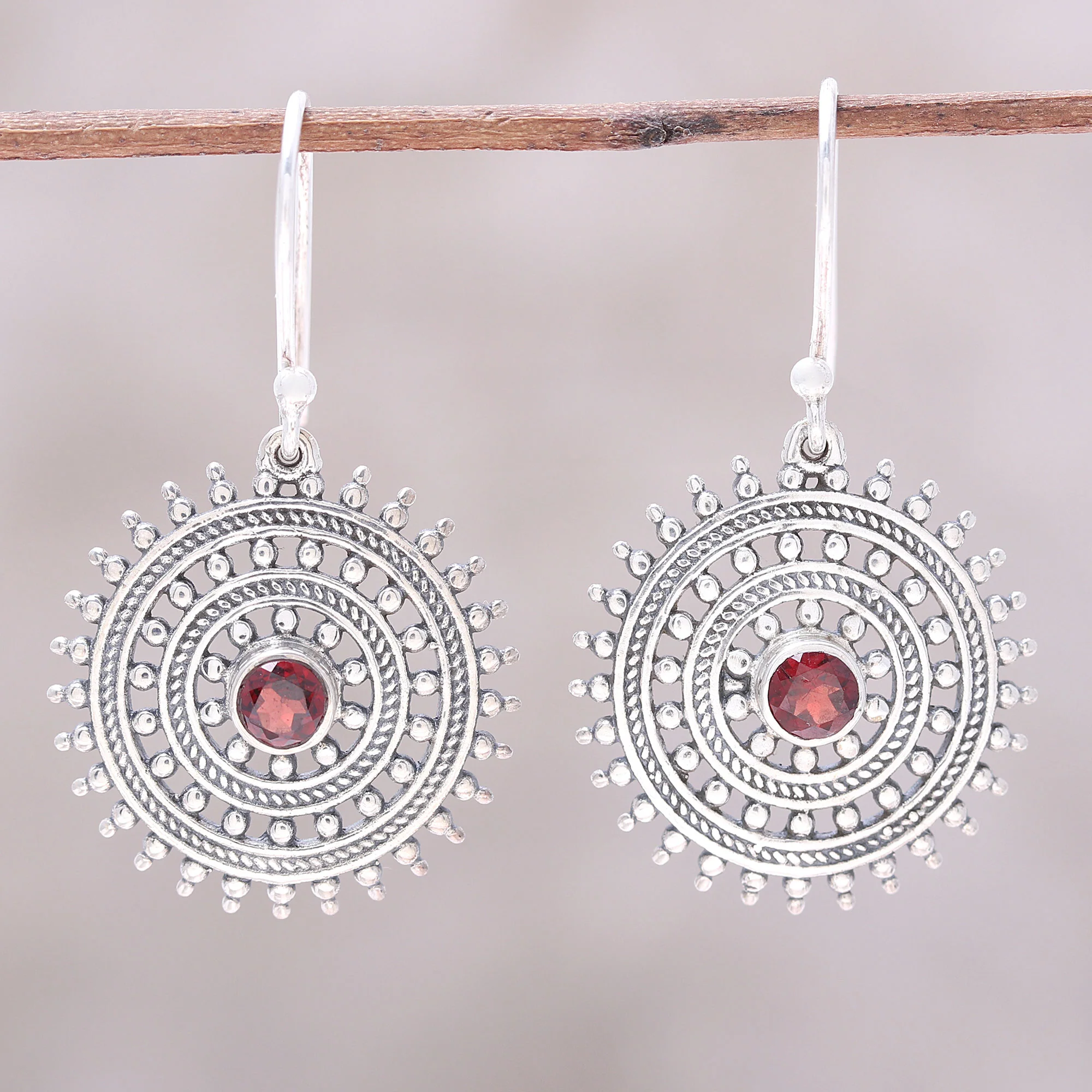 Radiant Wheels Garnet and Sterling Silver Concentric Circle Dangle Earrings