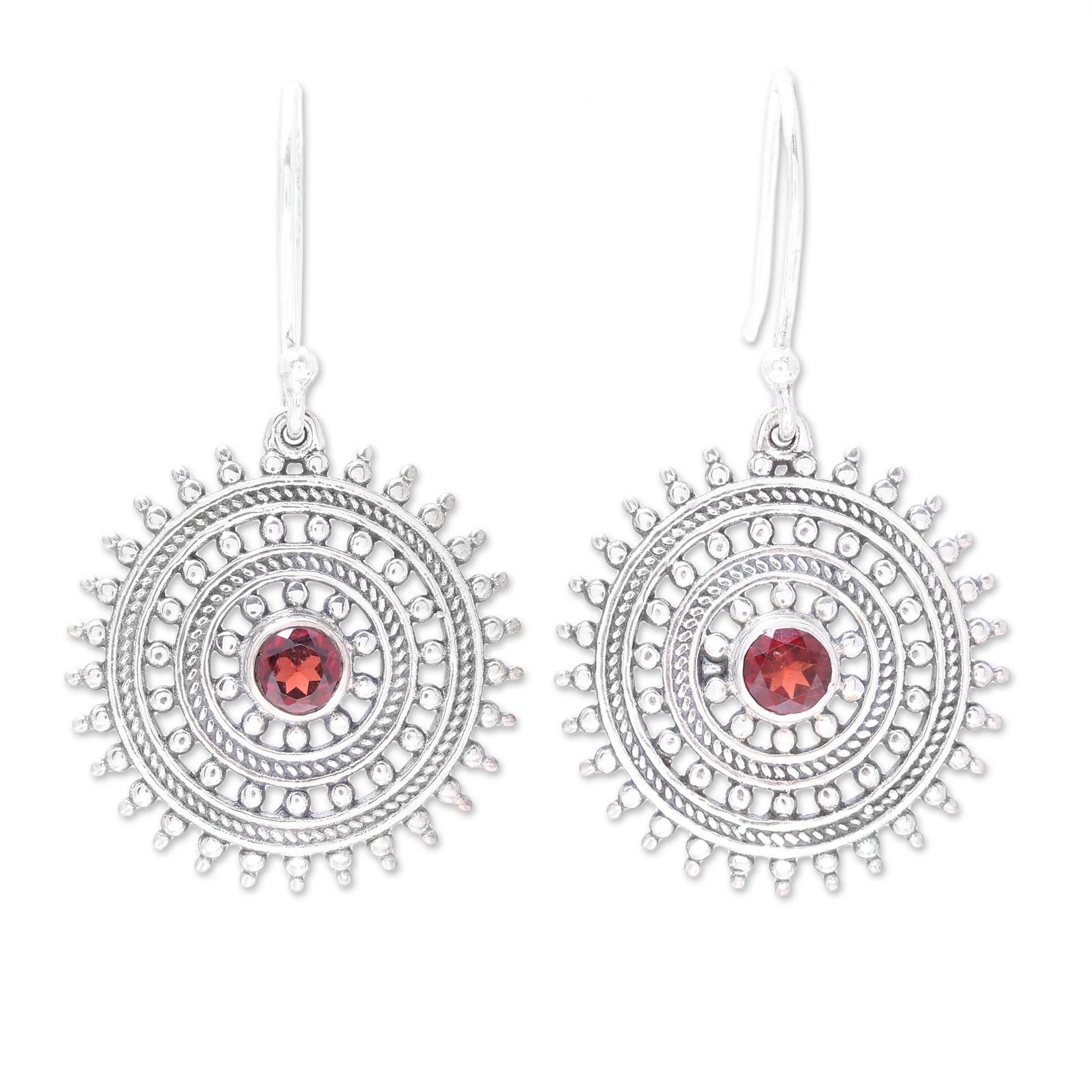 Radiant Wheels Garnet and Sterling Silver Concentric Circle Dangle Earrings - Image 2