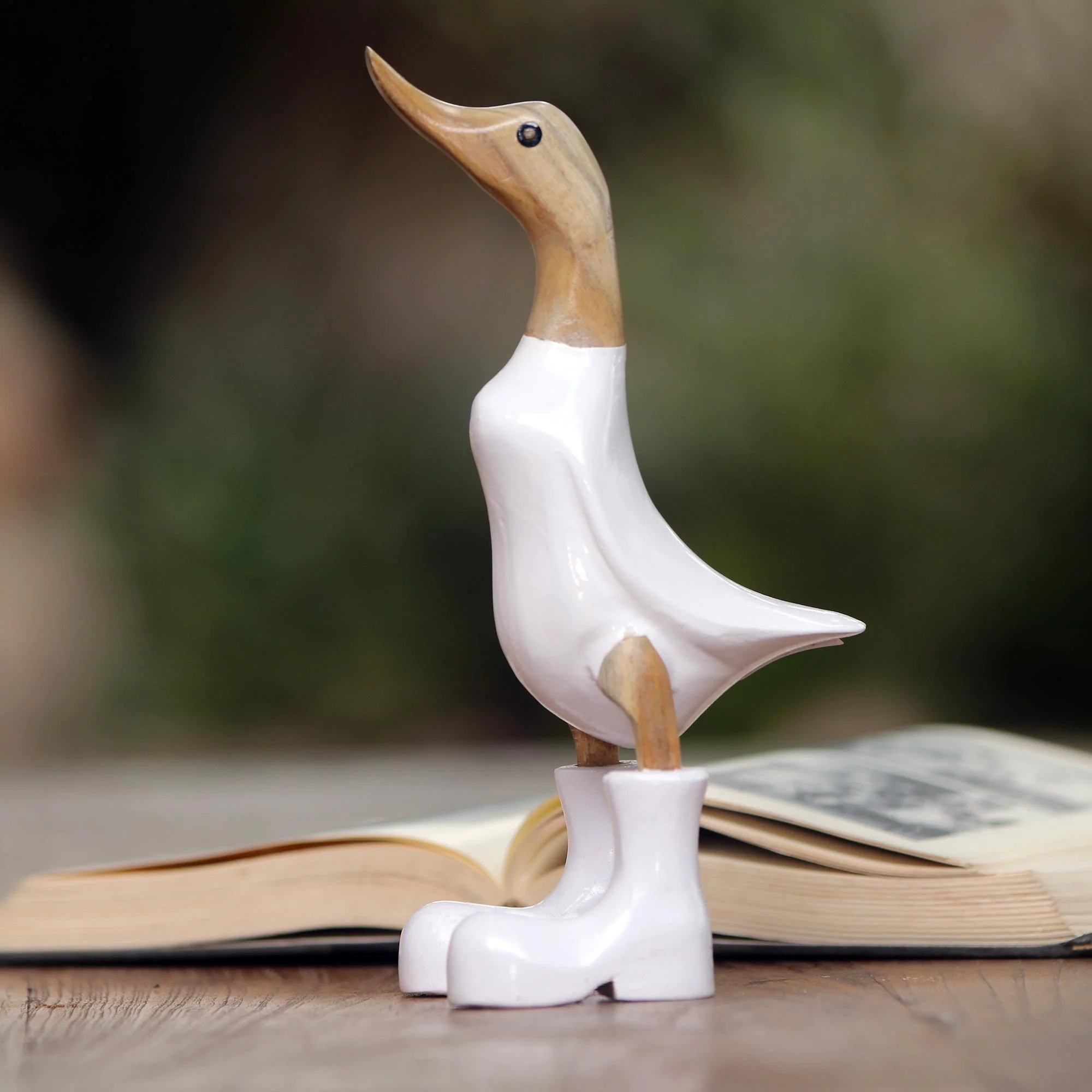 Rain Boot Duck in White Acacia Wood and Bamboo Root Duck Sculpture in White - Image 3