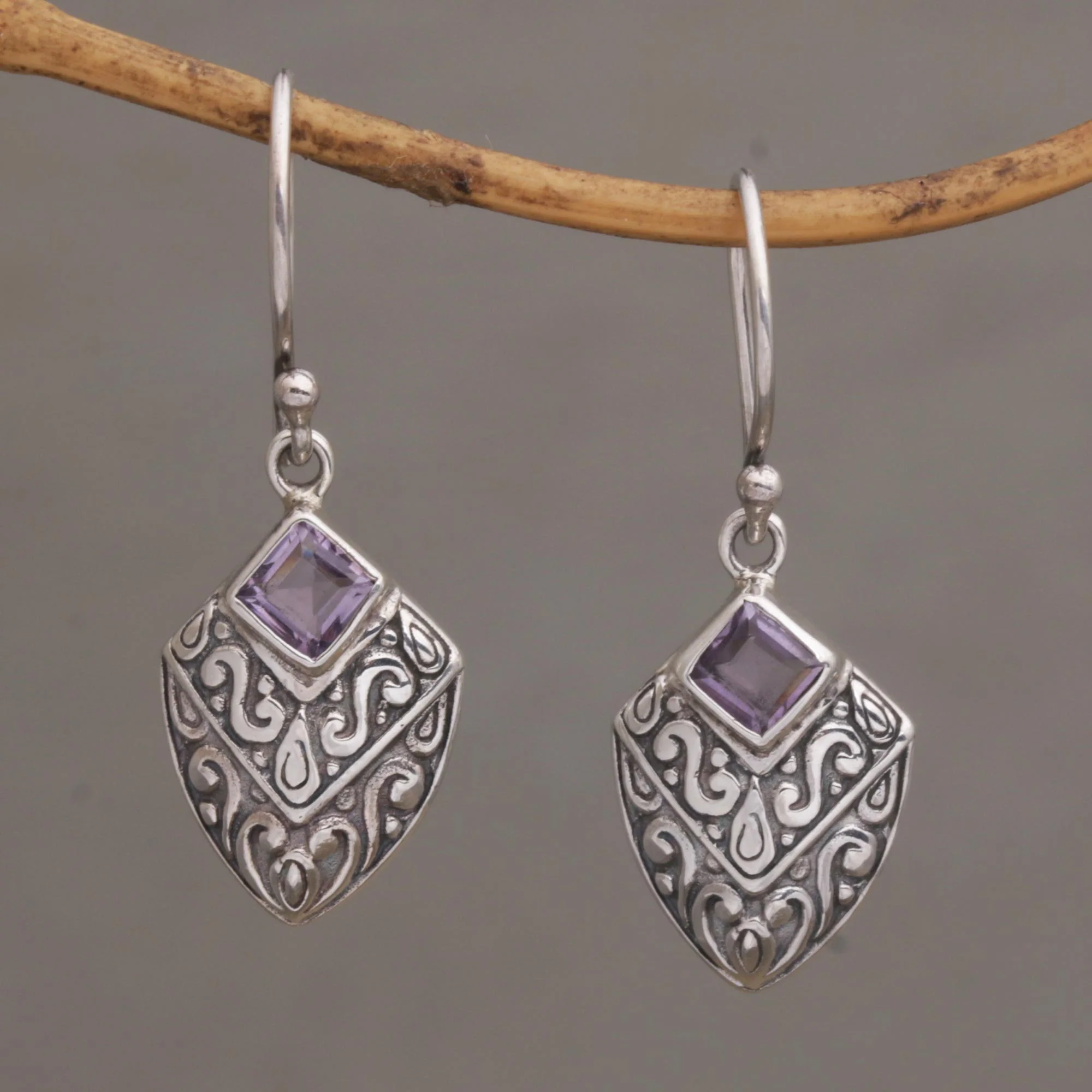 Rain Forest Beacon Handcrafted Balinese Amethyst and Sterling Silver Earrings