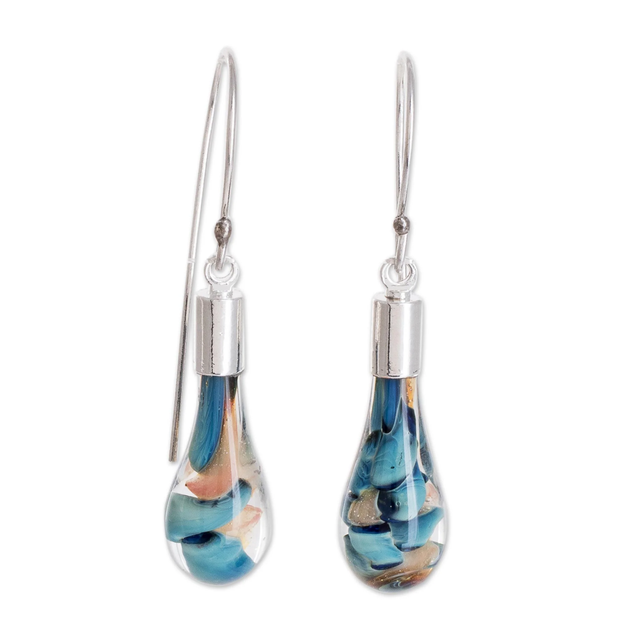 Rain of Color Blue and Pink Art Glass Dangle Earrings from Costa Rica - Image 2