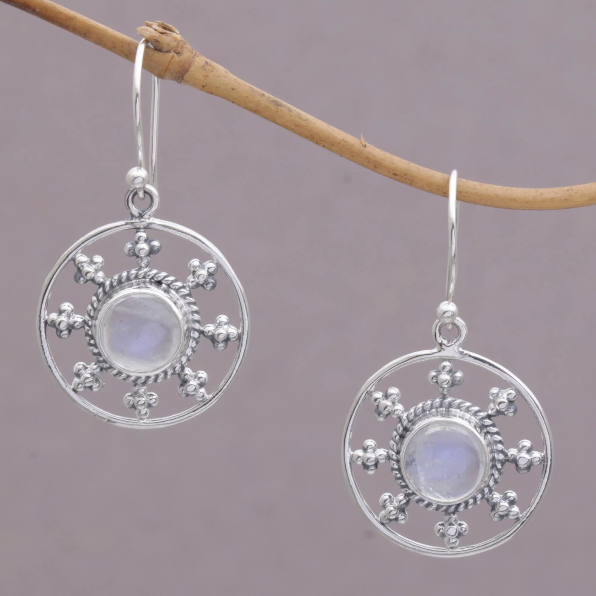 Rainbow Plains Rainbow Moonstone and 925 Silver Circular Earrings from Bali