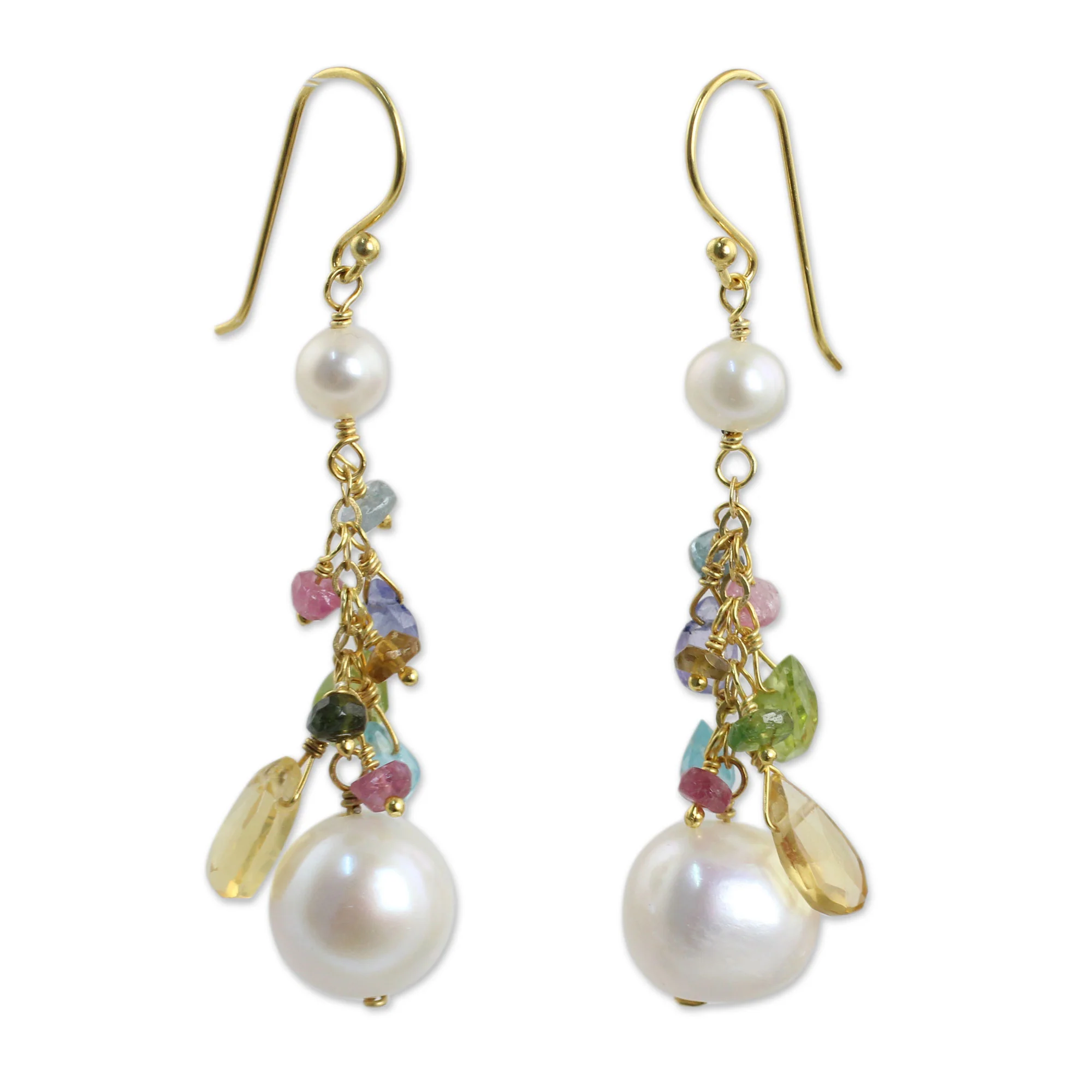 Rainbow Waterfall Pearls and Gemstones on 24k Gold Plated Hook Earrings - Image 2