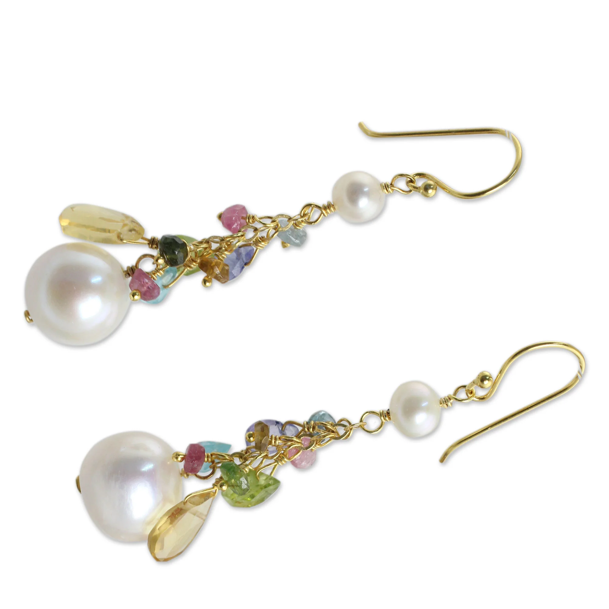 Rainbow Waterfall Pearls and Gemstones on 24k Gold Plated Hook Earrings - Image 3