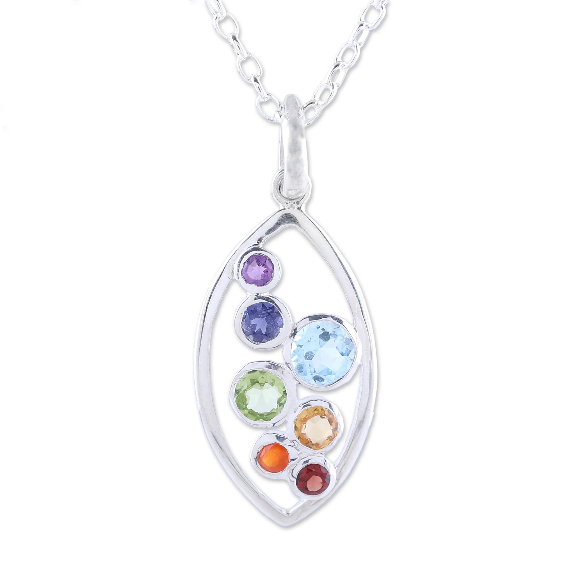 Rainbow Within Multi-Gemstone and Sterling Silver Ellipse Pendant Necklace - Image 2