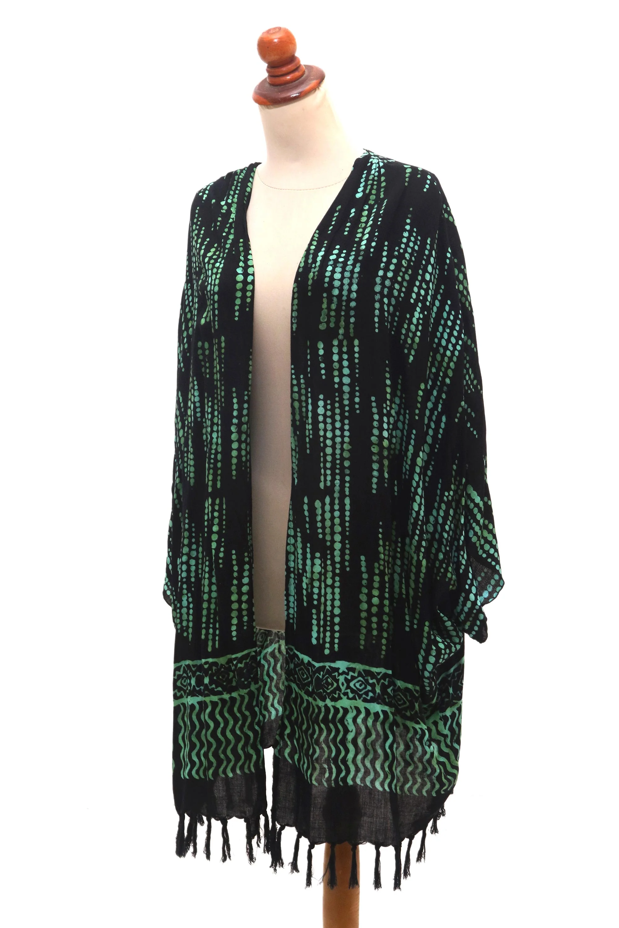 Raindrops Hand Stamped Black and Mint Rayon Batik Kimono - Image 4