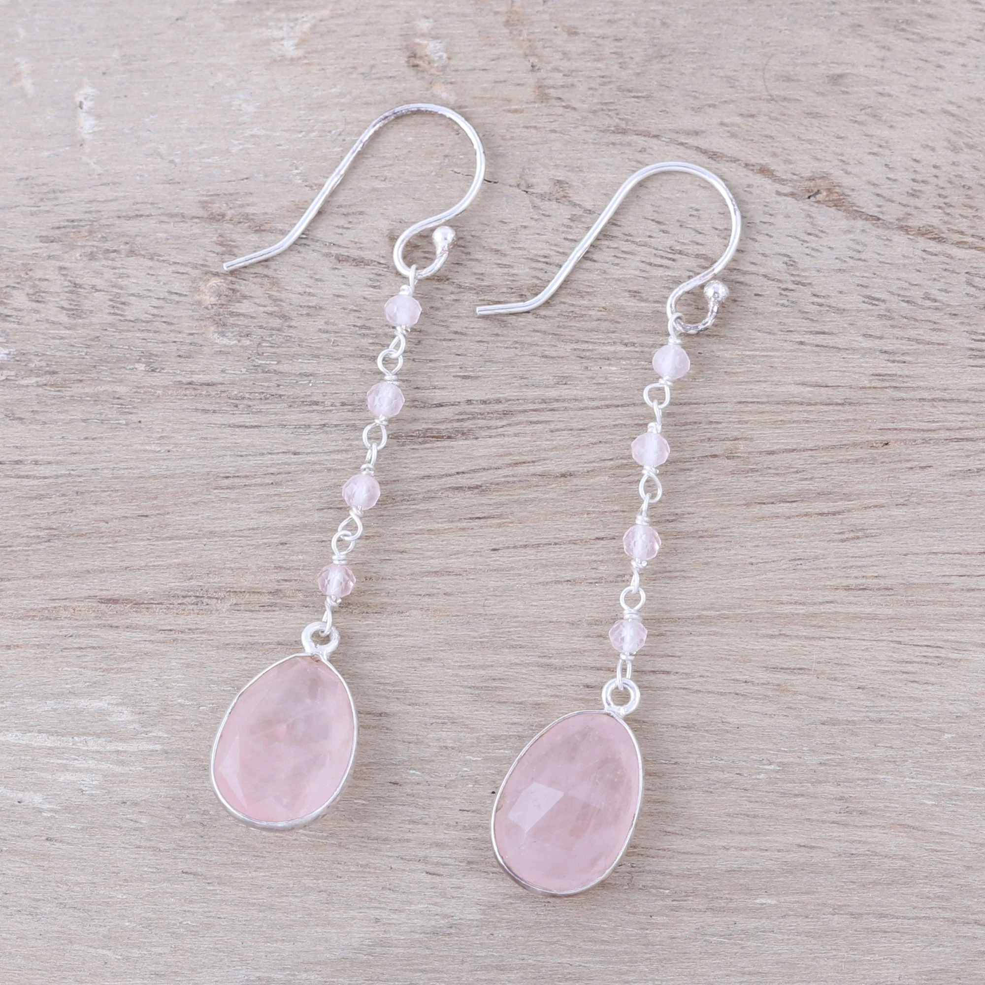 Raining Drops 8-Carat Rose Quartz Dangle Earrings from India - Image 3
