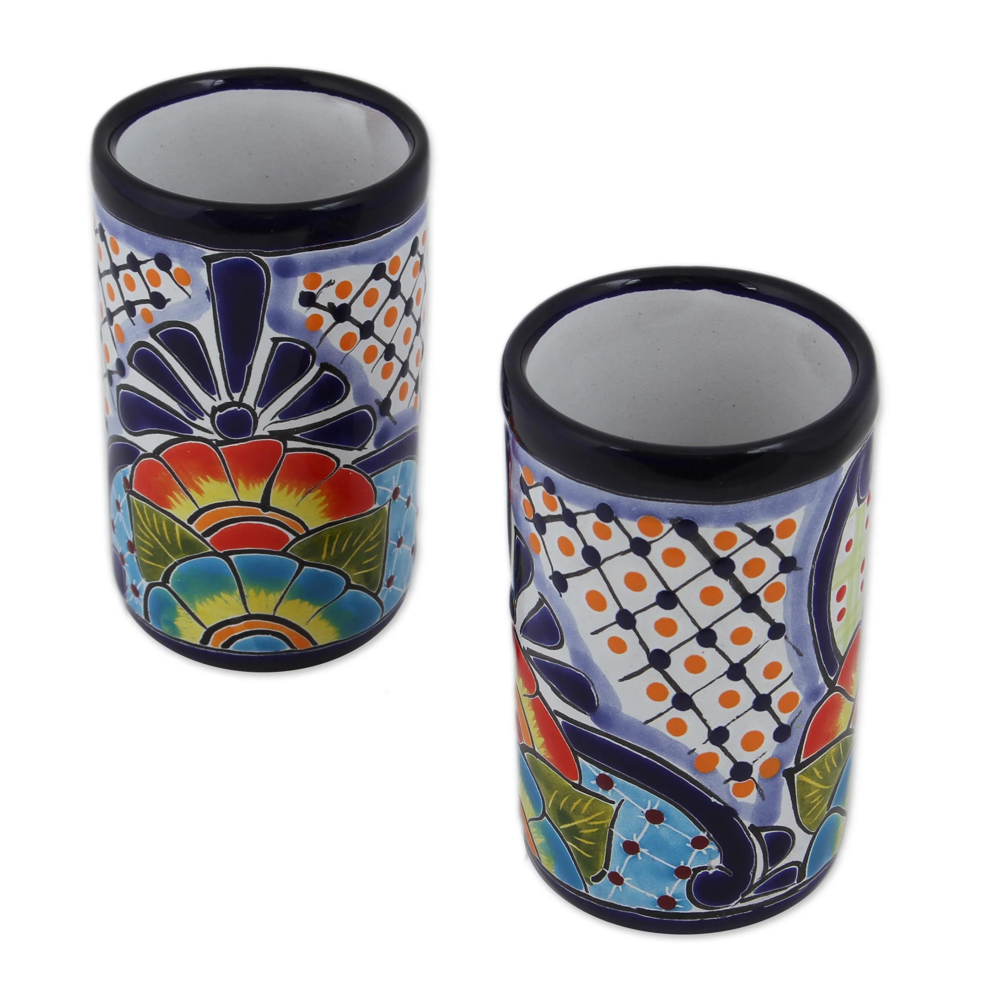 Raining Flowers Hand-Painted Floral Ceramic Tumblers from Mexico (Pair) - Image 4