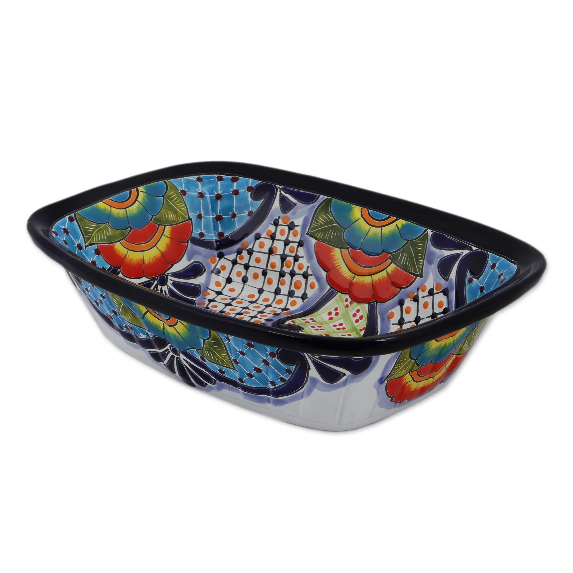 Raining Flowers Hand-Painted Talavera Ceramic Serving Bowl from Mexico - Image 2