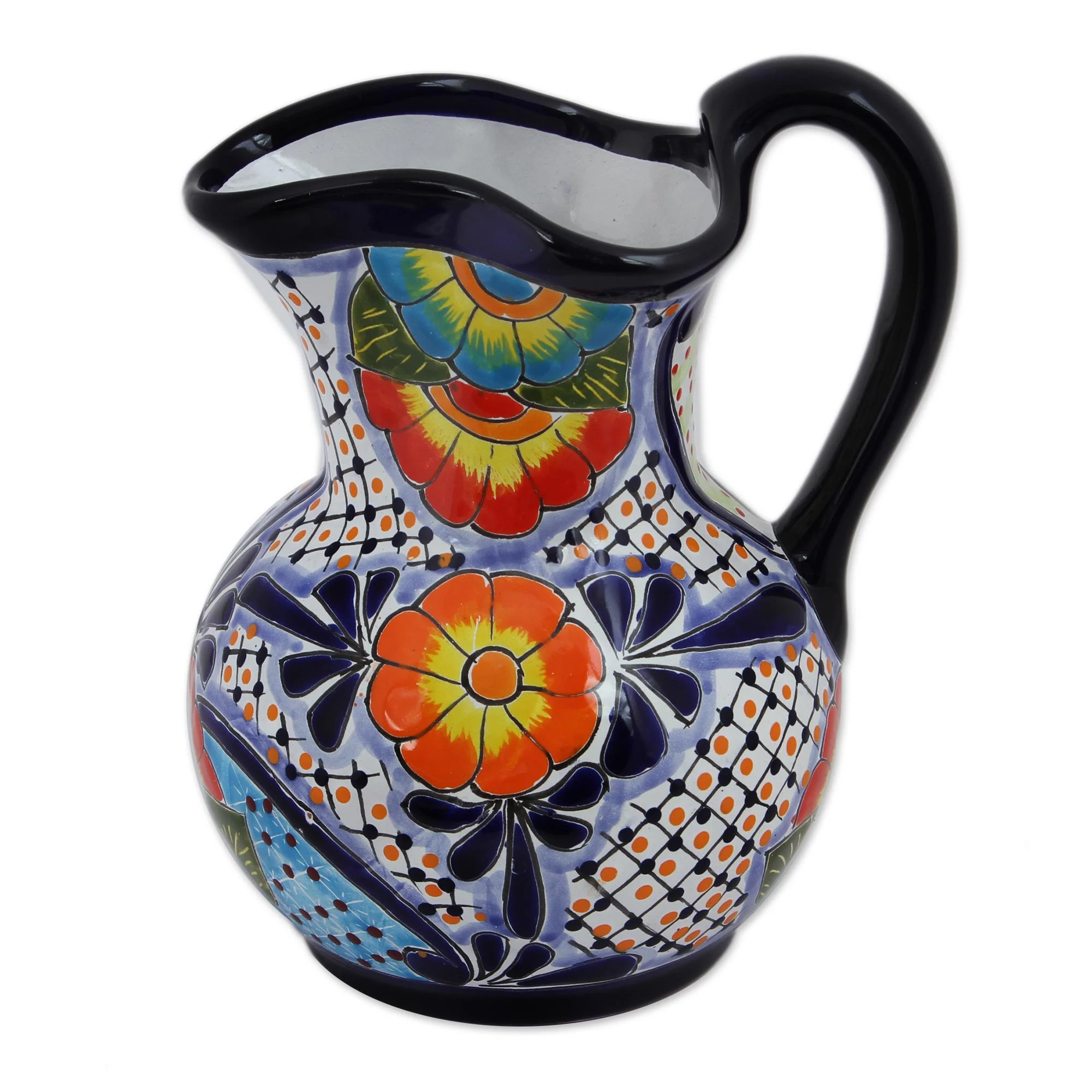 Raining Flowers Hand-Painted Talavera Style Ceramic Pitcher from Mexico - Image 2