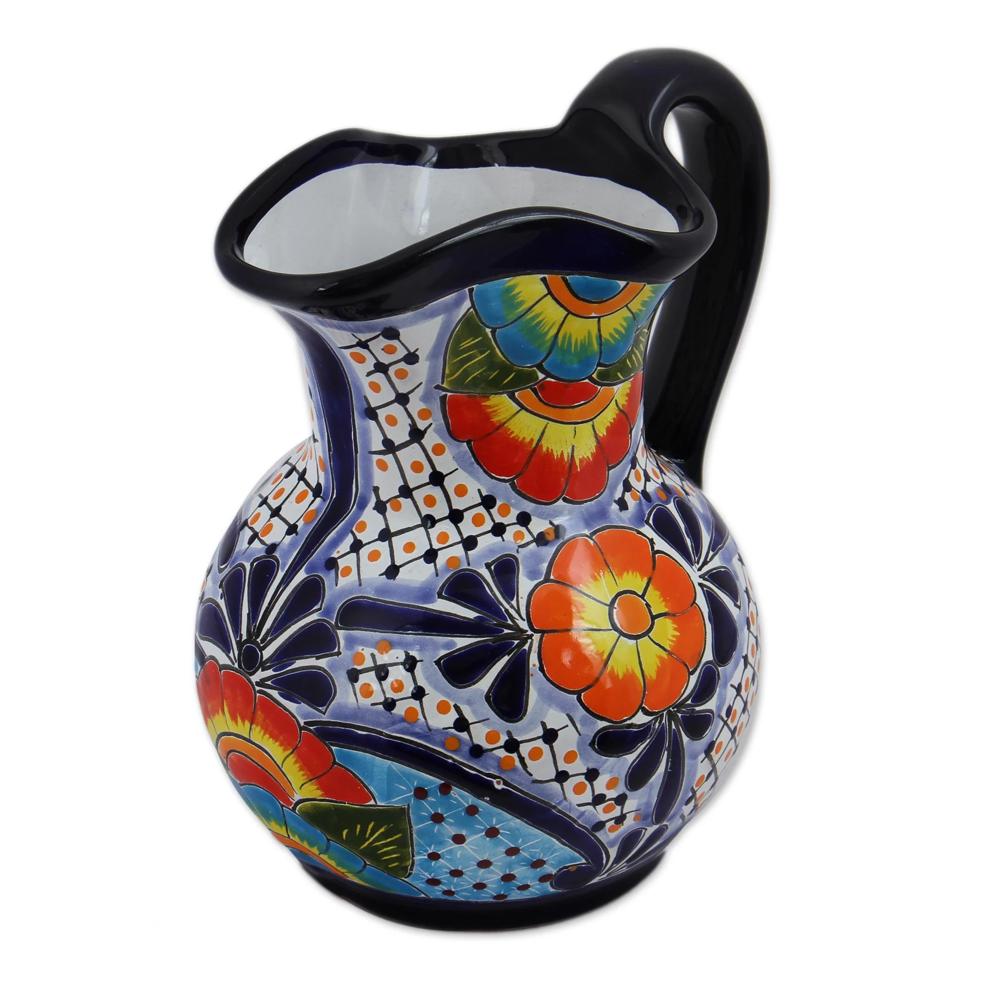 Raining Flowers Hand-Painted Talavera Style Ceramic Pitcher from Mexico - Image 4