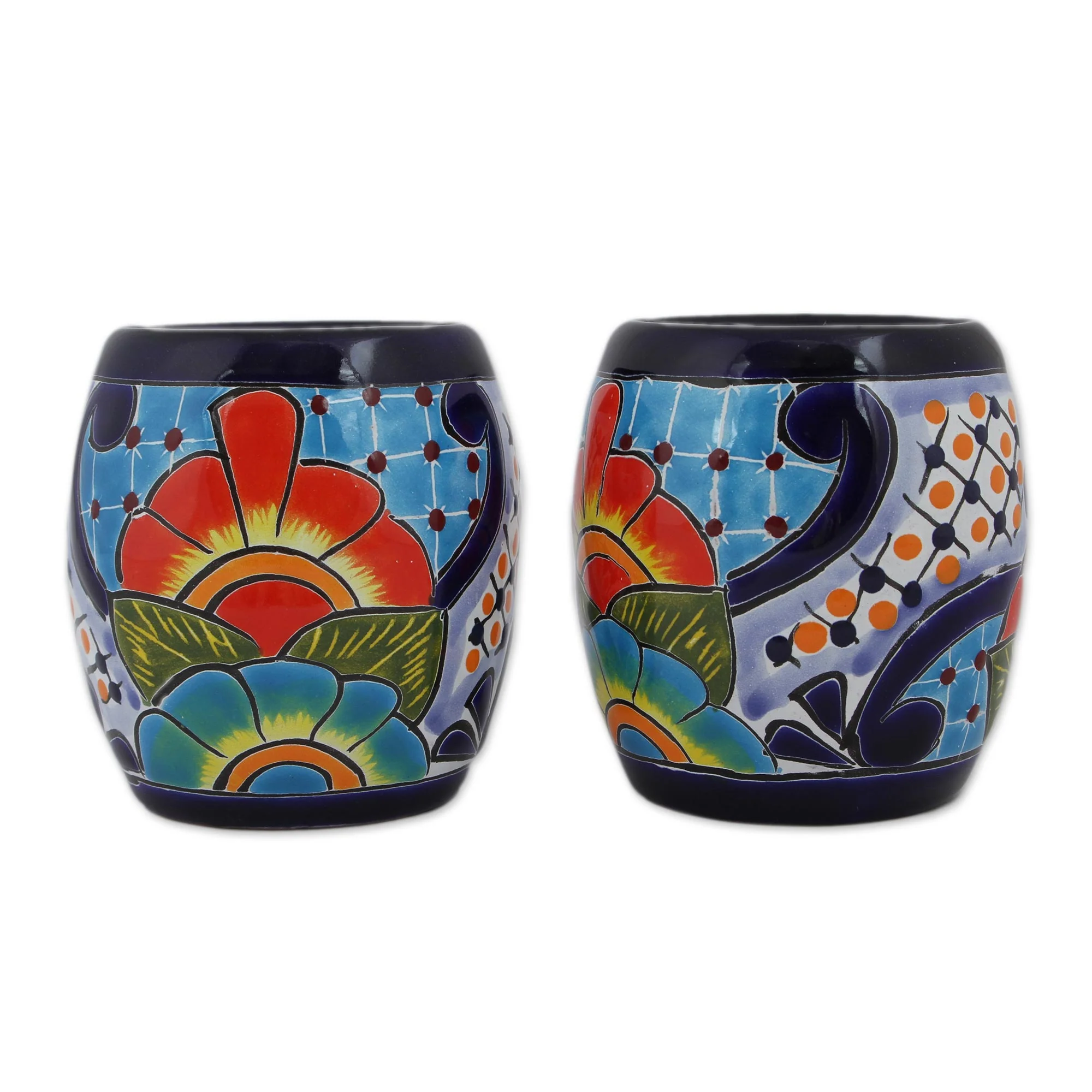 Raining Flowers Handmade Talavera Ceramic Juice Glasses from Mexico (Pair) - Image 2