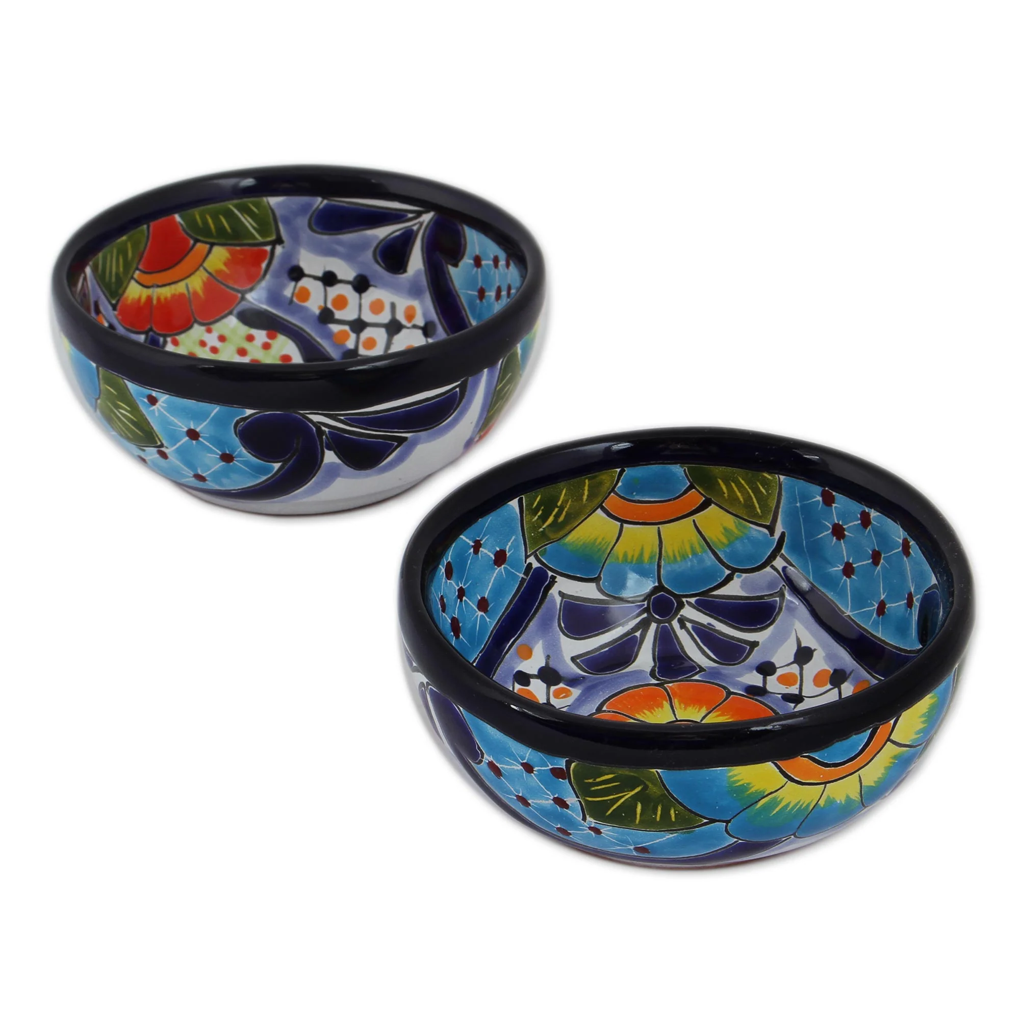 Raining Flowers Talavera Ceramic Condiment Bowls from Mexico (Pair) - Image 2