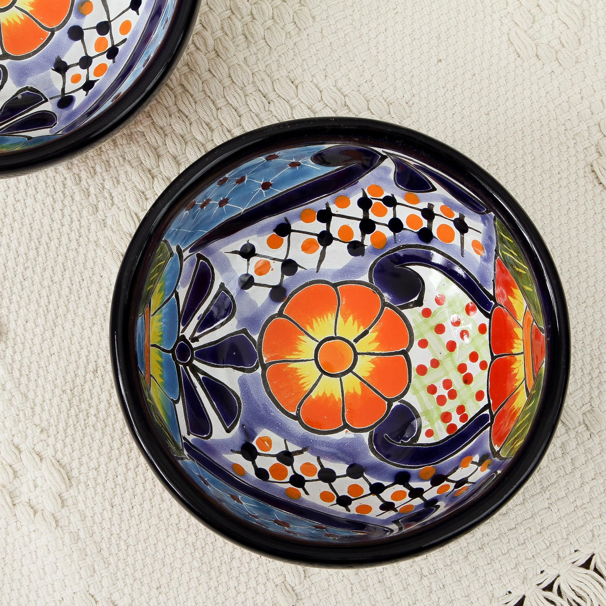 Raining Flowers Talavera Ceramic Condiment Bowls from Mexico (Pair) - Image 3