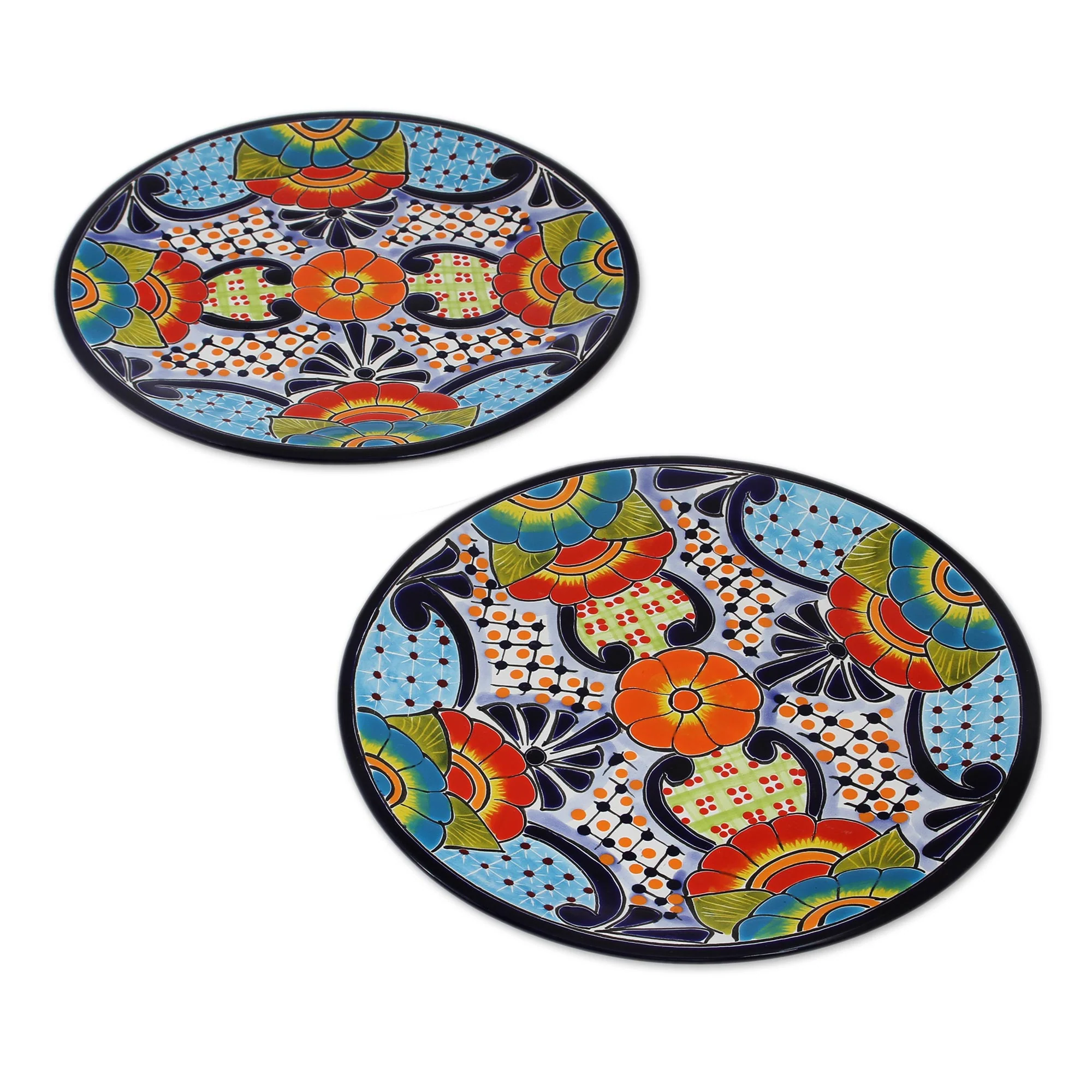 Raining Flowers Talavera Ceramic Dinner Plates from Mexico (Pair) - Image 2