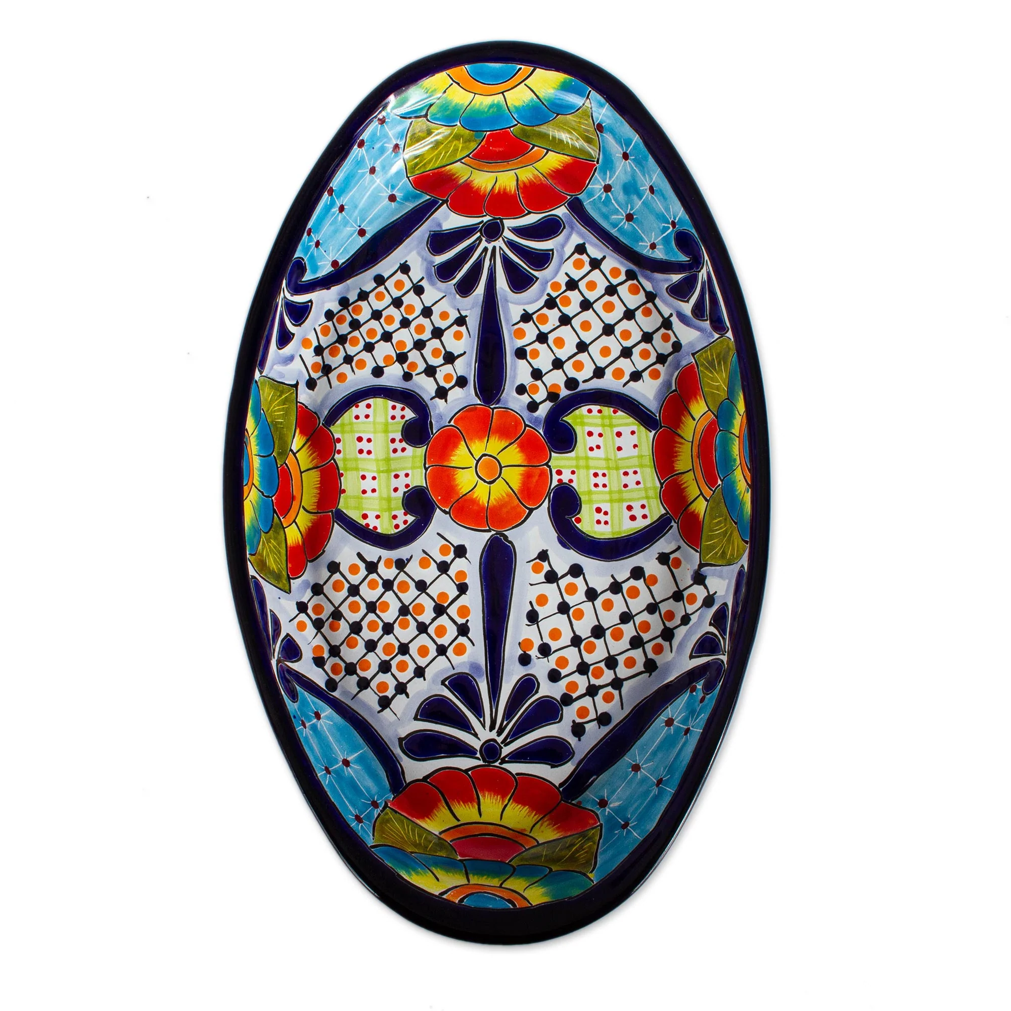 Raining Flowers Talavera-Style Oval Ceramic Serving Platter from Mexico - Image 3