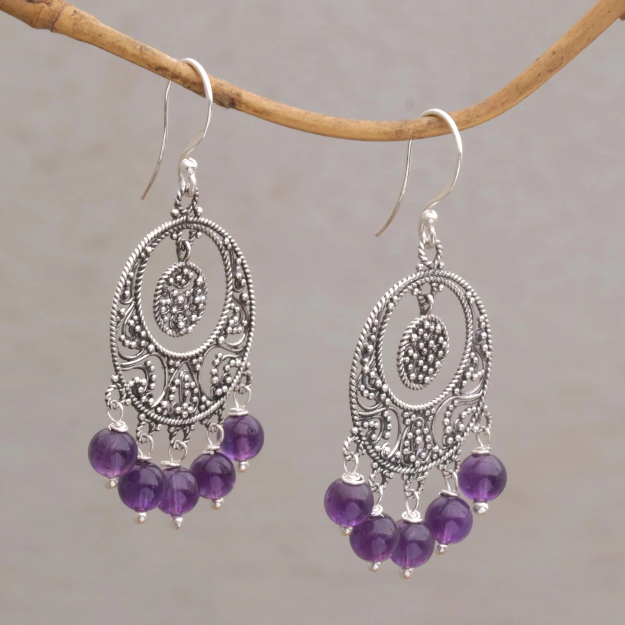 Raining Victory Amethyst and Sterling Silver Chandelier Earrings from Bali - Image 3