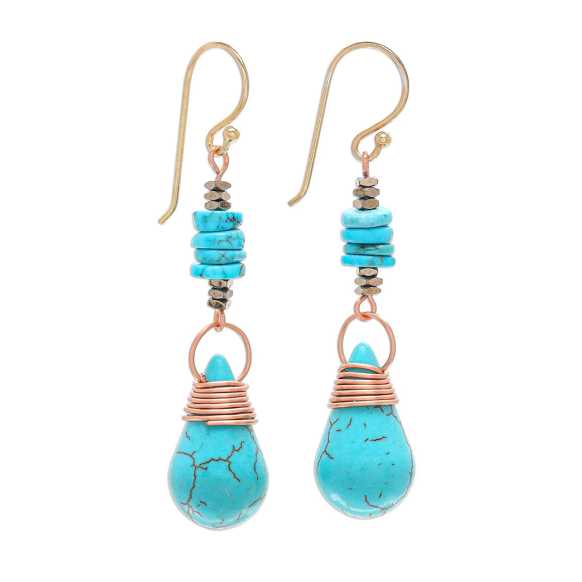 Rainshower Howlite Pyrite Reconstituted Turquoise Dangle Earrings - Image 2