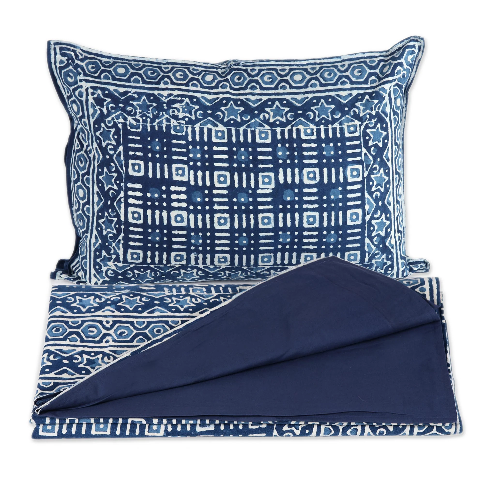 Rajasthani Indigo Hand Screen Printed Indian Cotton Duvet Cover and Shams - Image 3