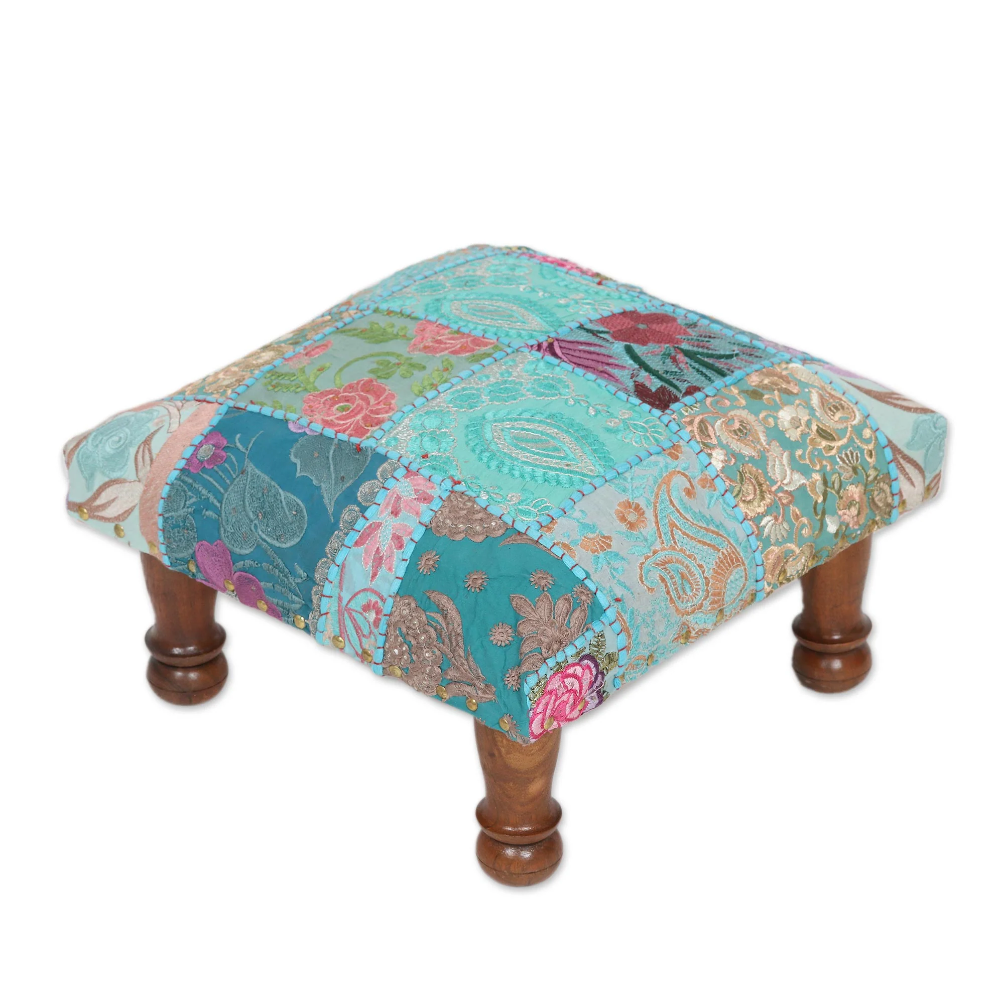 Rajasthani Patchwork Fair Trade Embellished Ottoman Foot Stool from India - Image 2