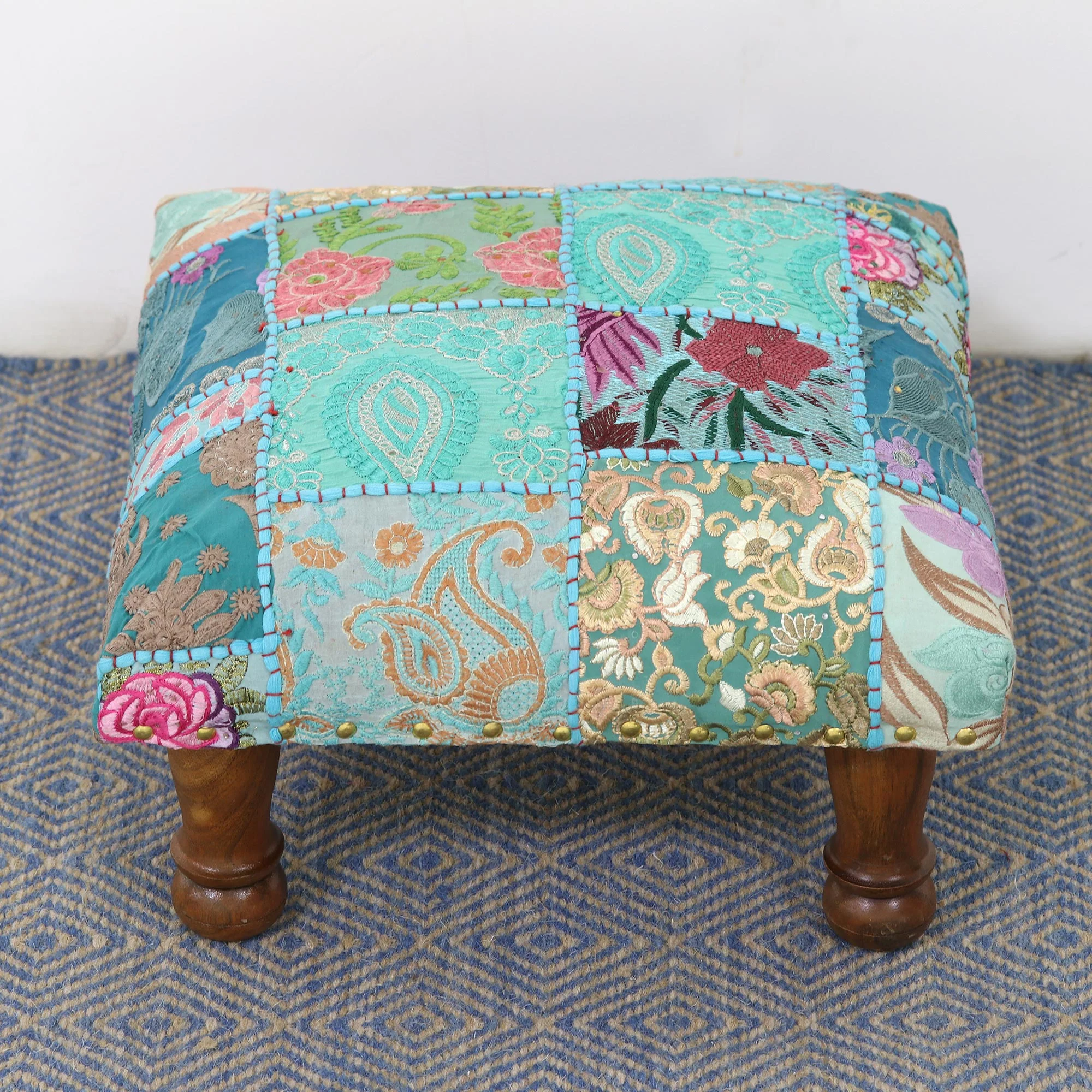 Rajasthani Patchwork Fair Trade Embellished Ottoman Foot Stool from India - Image 3