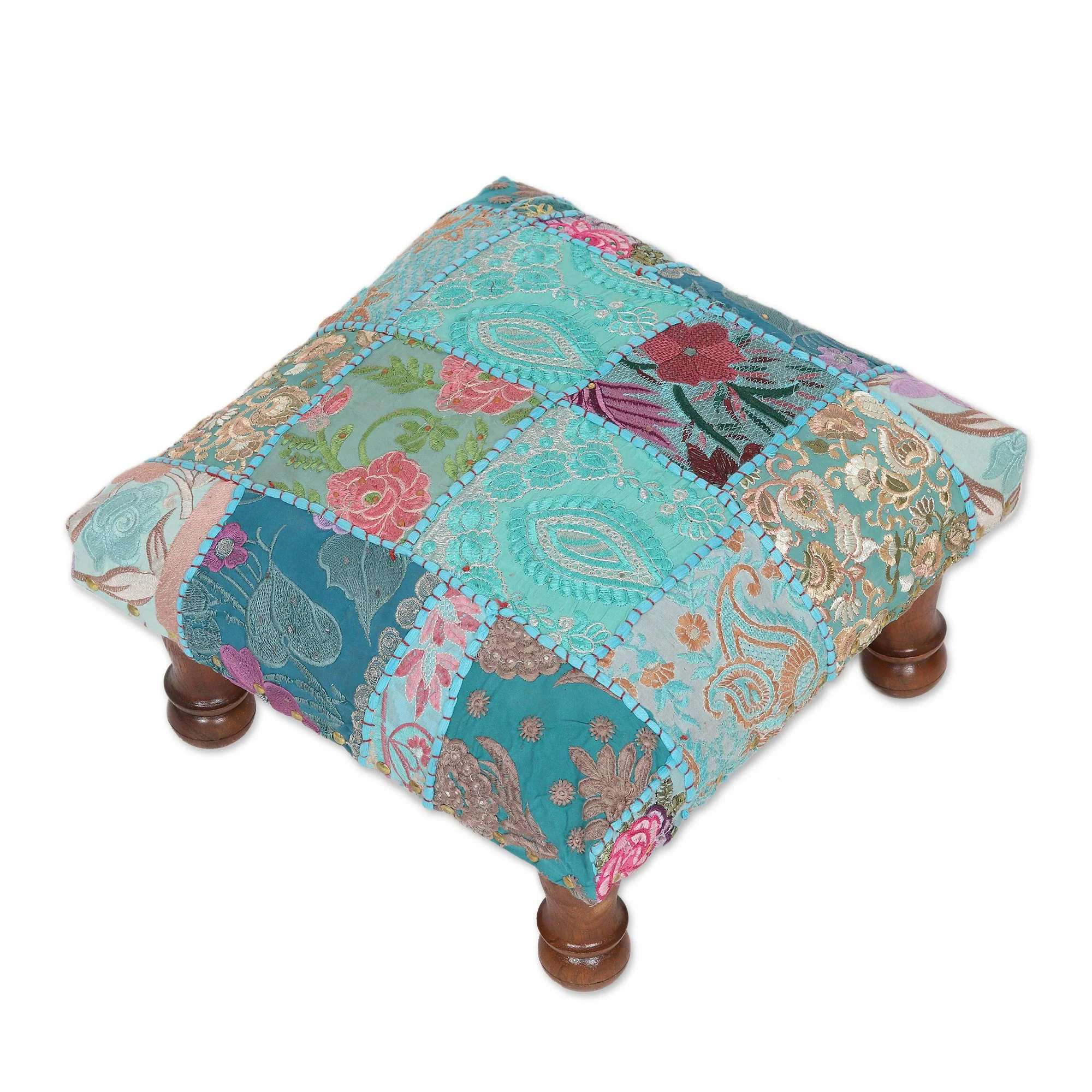Rajasthani Patchwork Fair Trade Embellished Ottoman Foot Stool from India - Image 5