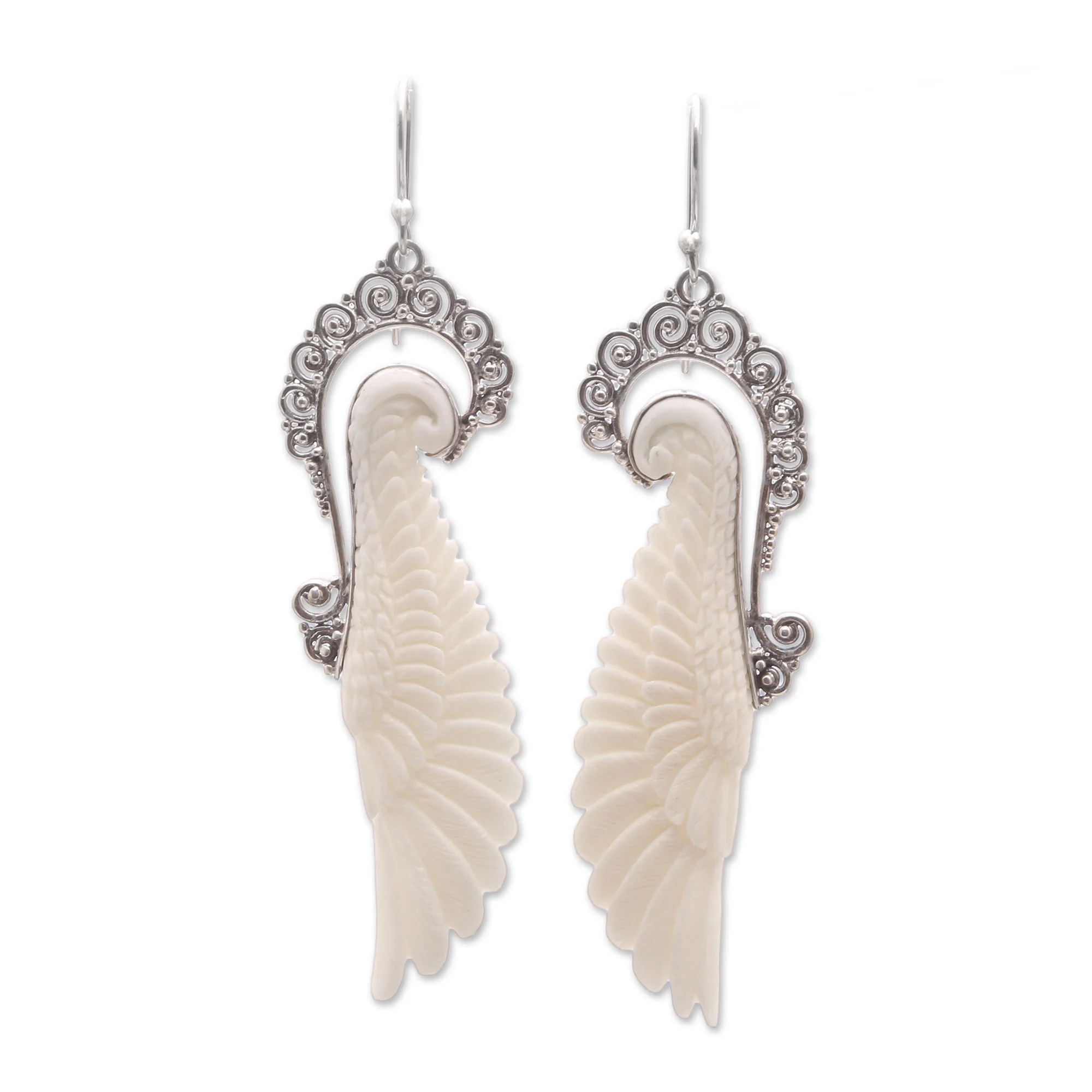 Ready to Fly Sterling Silver and Bone Wing Dangle Earrings from Bali - Image 2