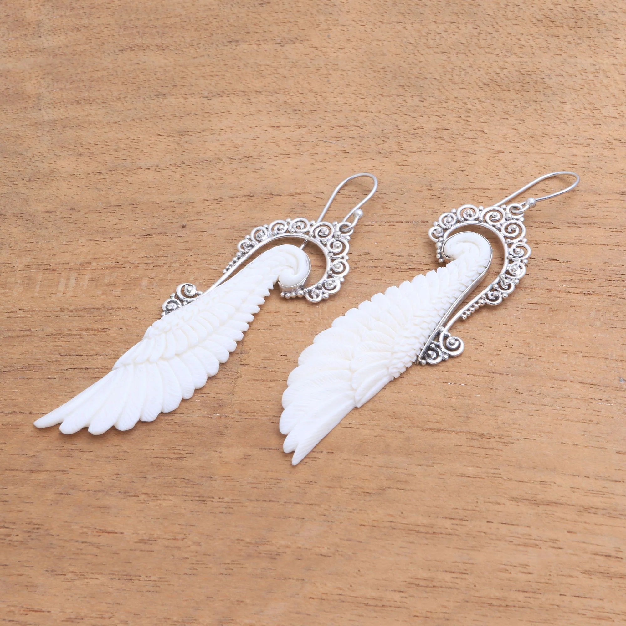 Ready to Fly Sterling Silver and Bone Wing Dangle Earrings from Bali - Image 4