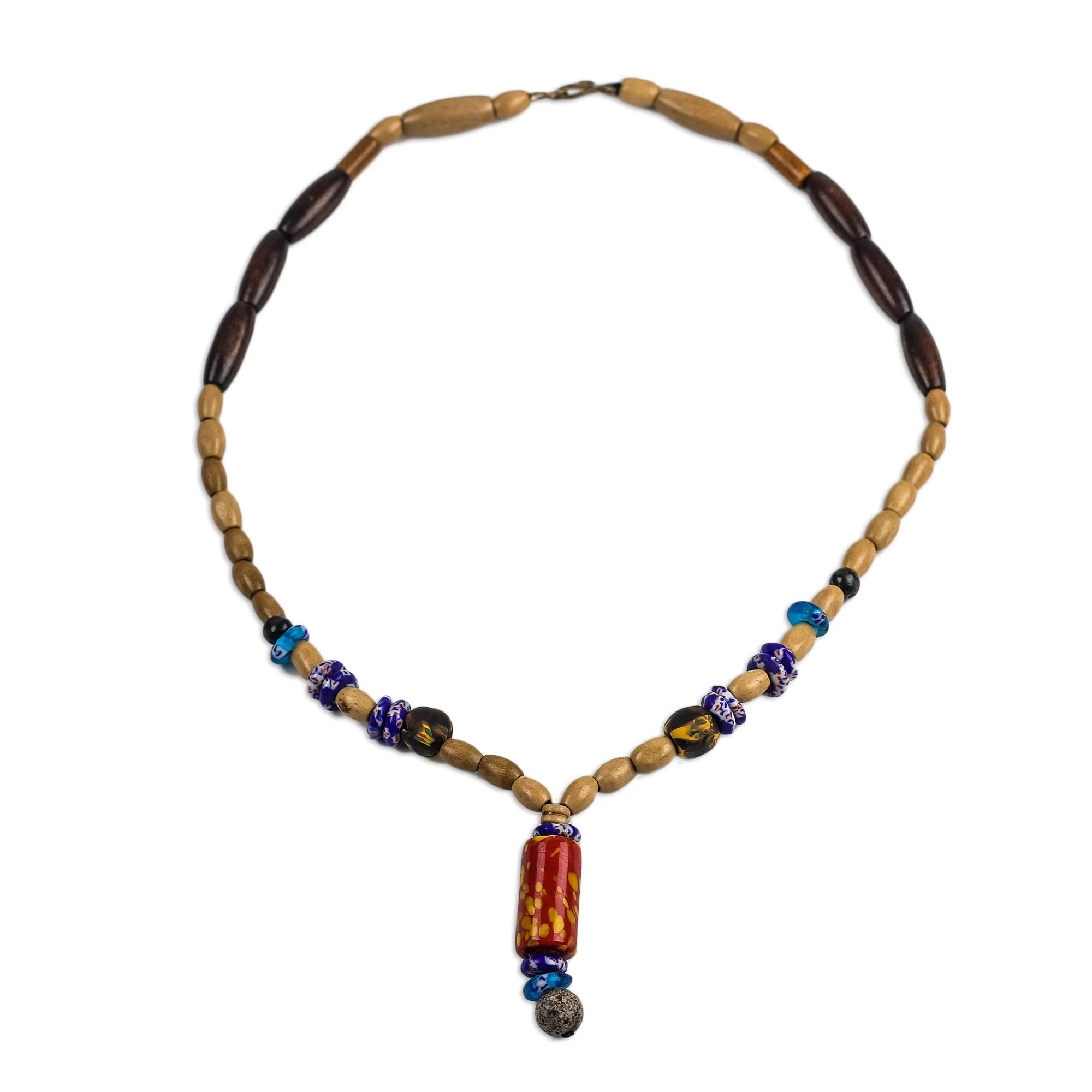 Realm of Beauty Wood and Colorful Recycled Glass Beaded Y-Necklace - Image 2