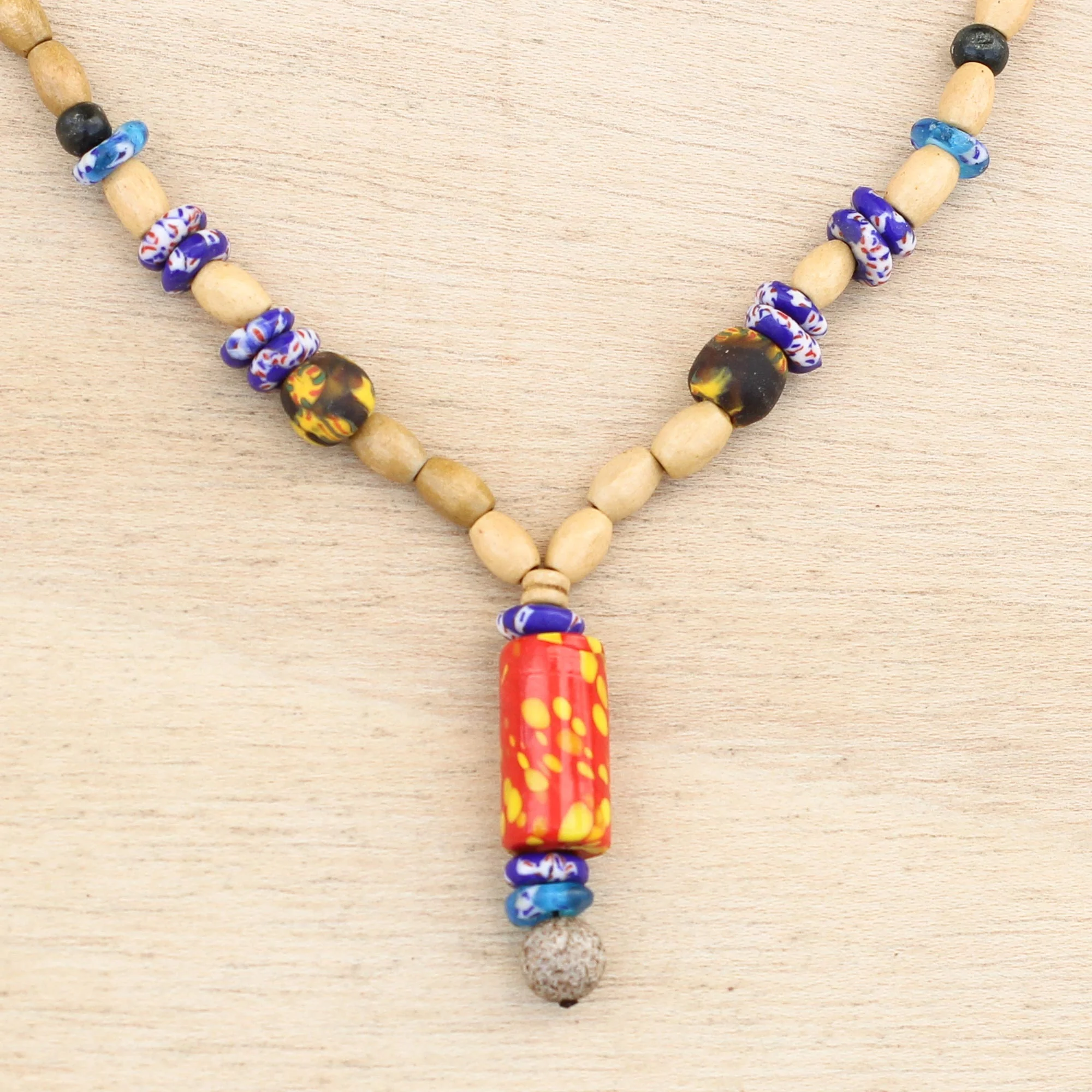 Realm of Beauty Wood and Colorful Recycled Glass Beaded Y-Necklace - Image 3