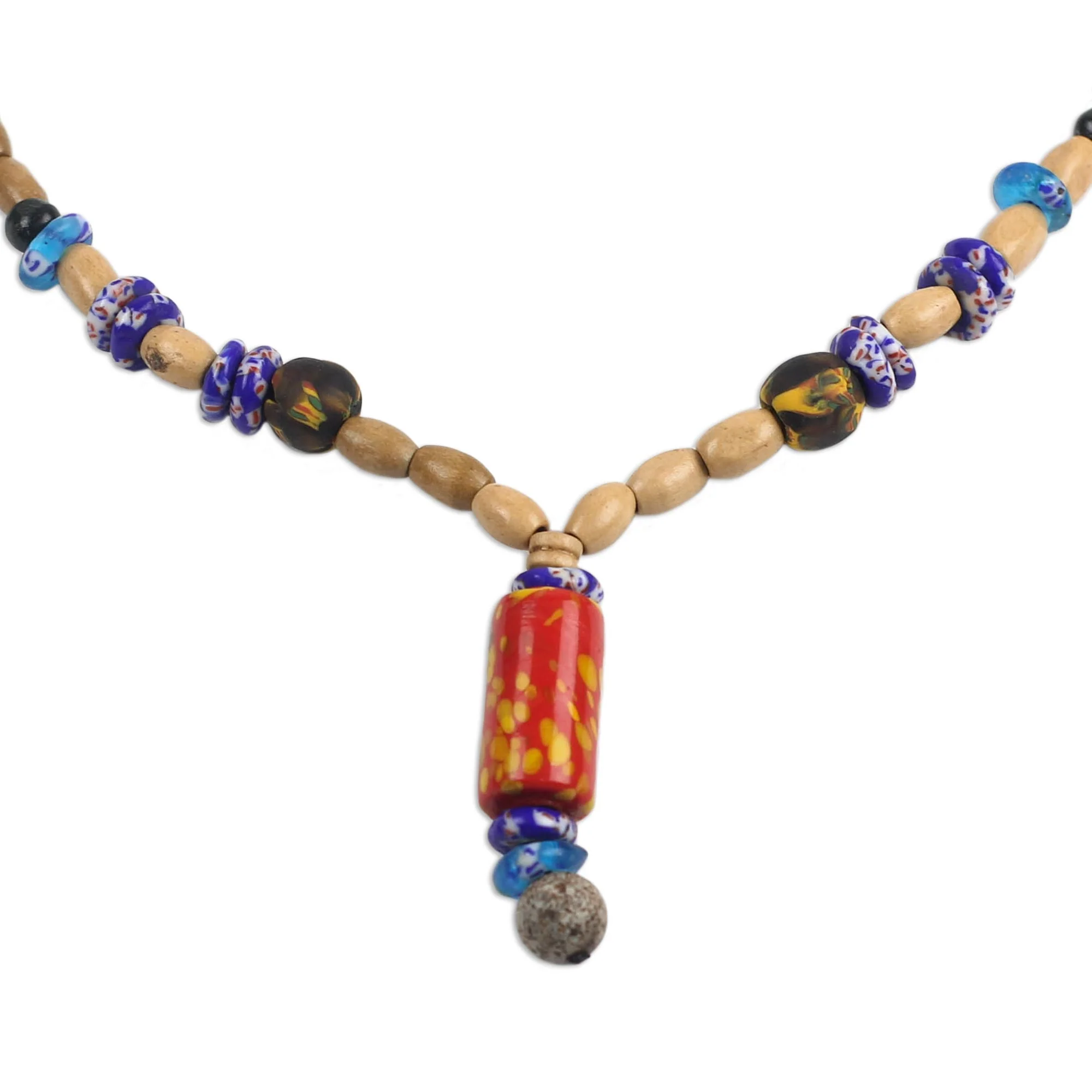 Realm of Beauty Wood and Colorful Recycled Glass Beaded Y-Necklace - Image 4