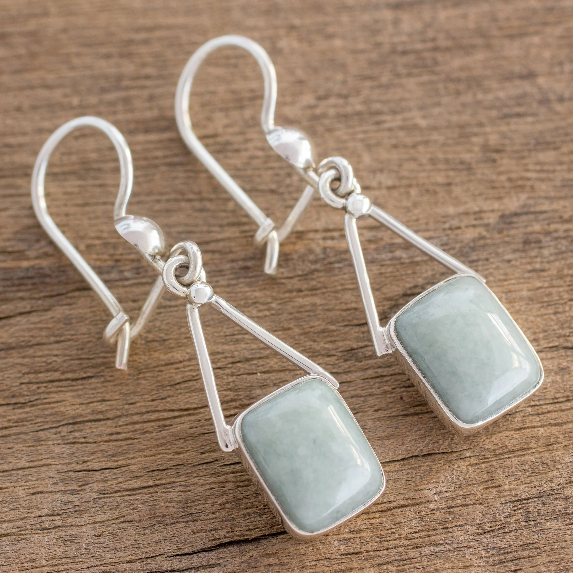 Rectangles of Peace Light Green Jade Rectangle Dangle Earrings from Guatemala - Image 3