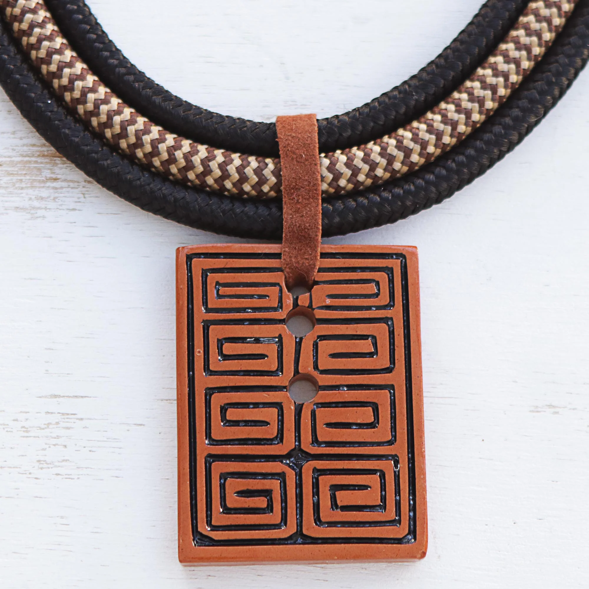 Rectangular Labyrinth Rectangular Ceramic Pendant Necklace from Brazil - Image 4