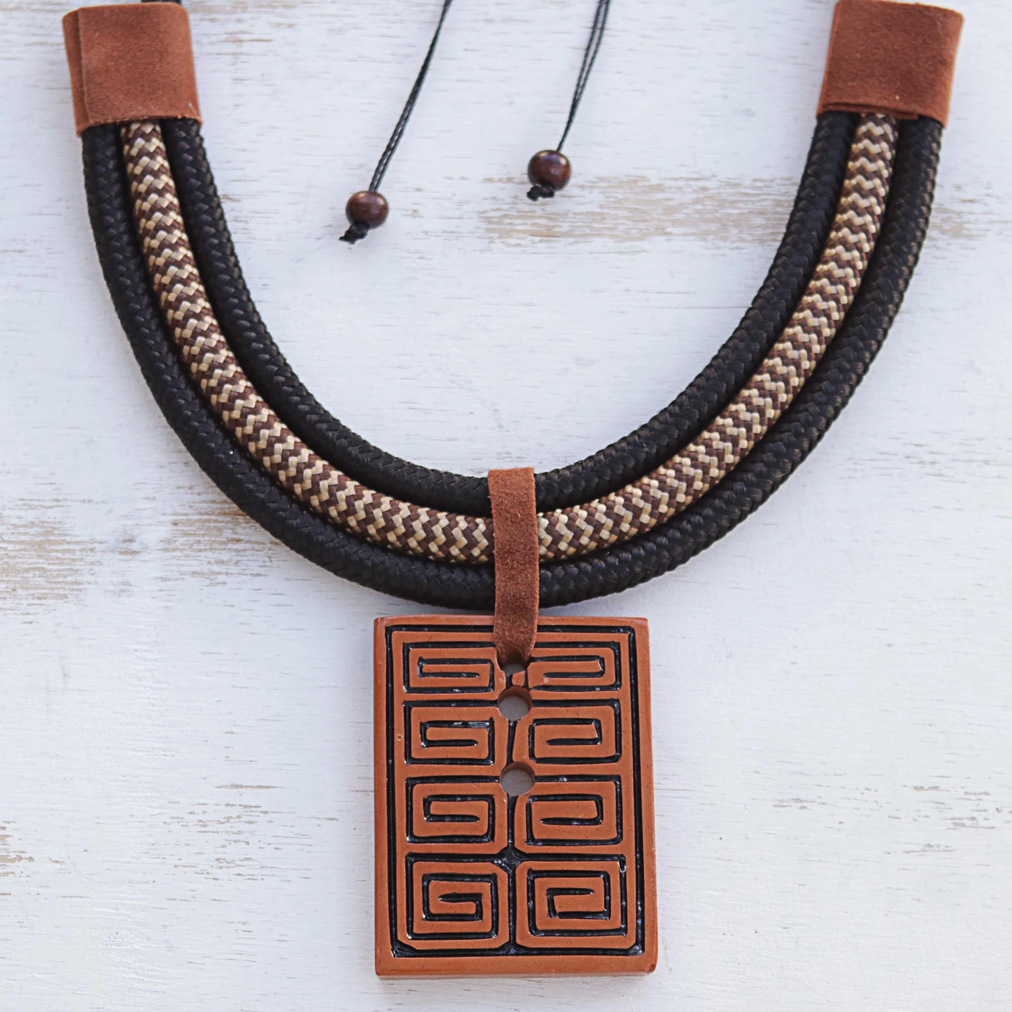 Rectangular Labyrinth Rectangular Ceramic Pendant Necklace from Brazil - Image 5