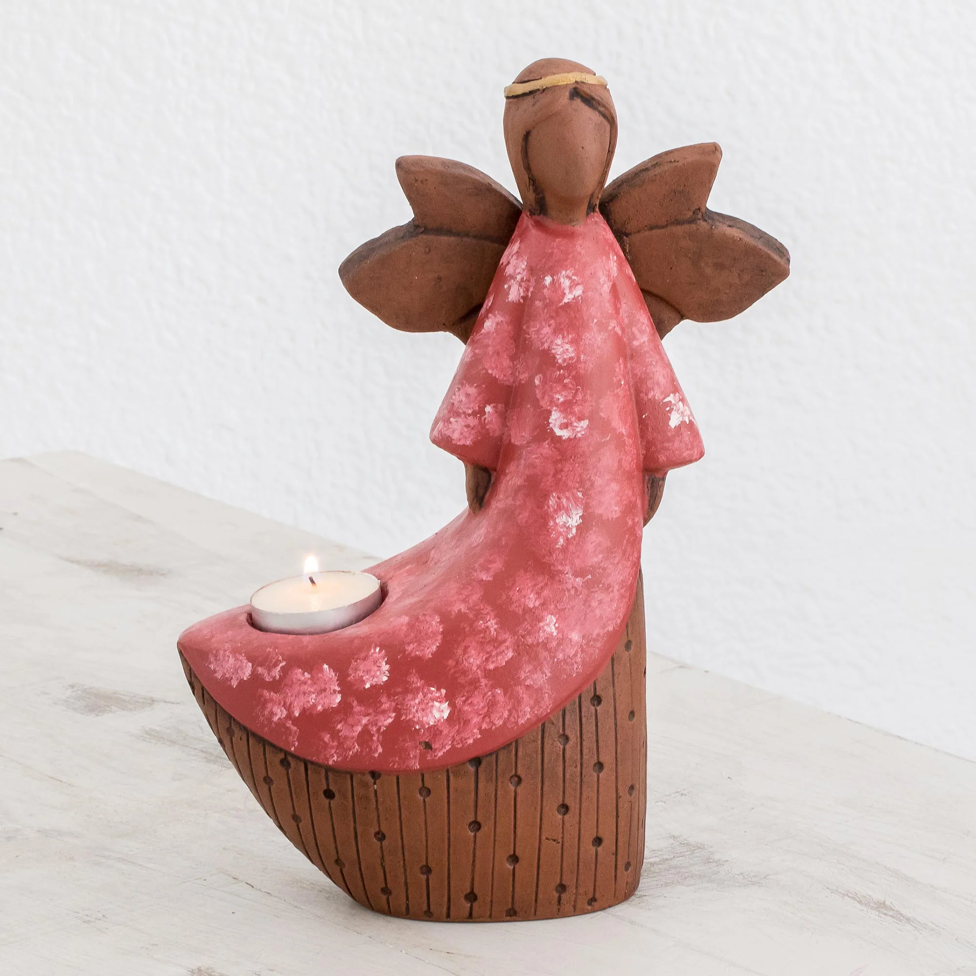 Red Angel of Light Ceramic Angel Tealight Candleholder from El Salvador - Image 3