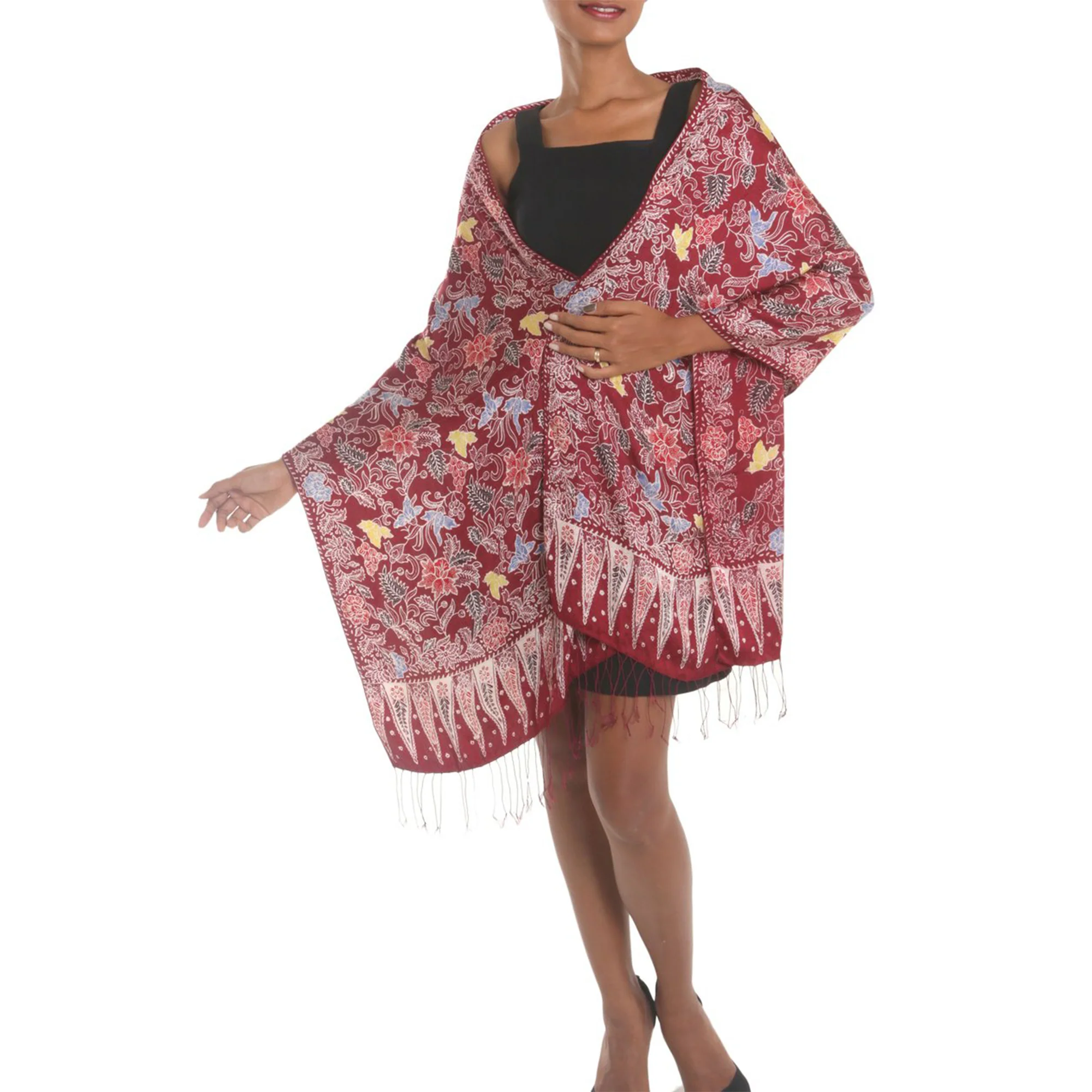 Maroon Garden Red Batik Silk Shawl - Image 2