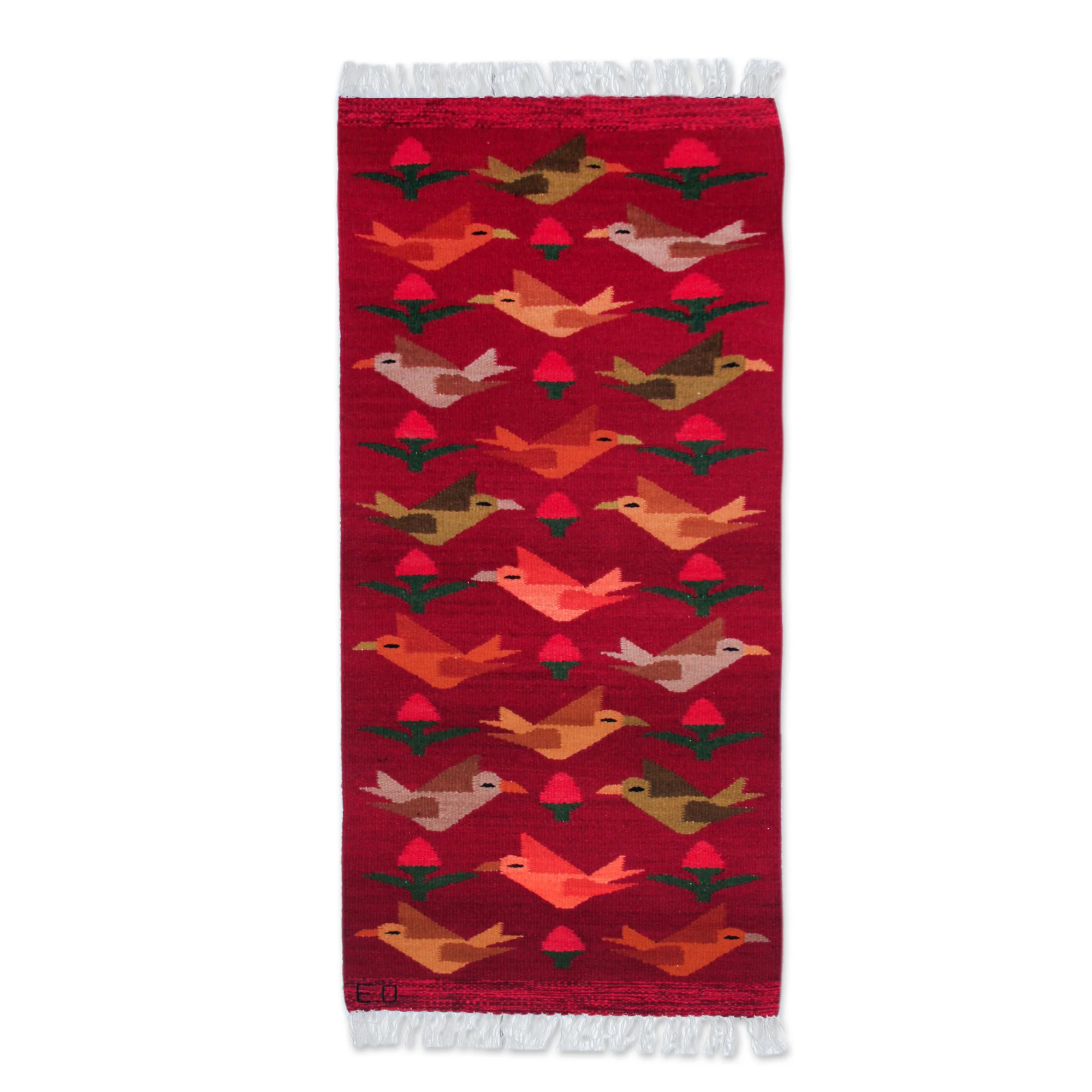 Red Birds on the Wing Peruvian Handwoven Red Wool Rug with Birds (2x5) - Image 2