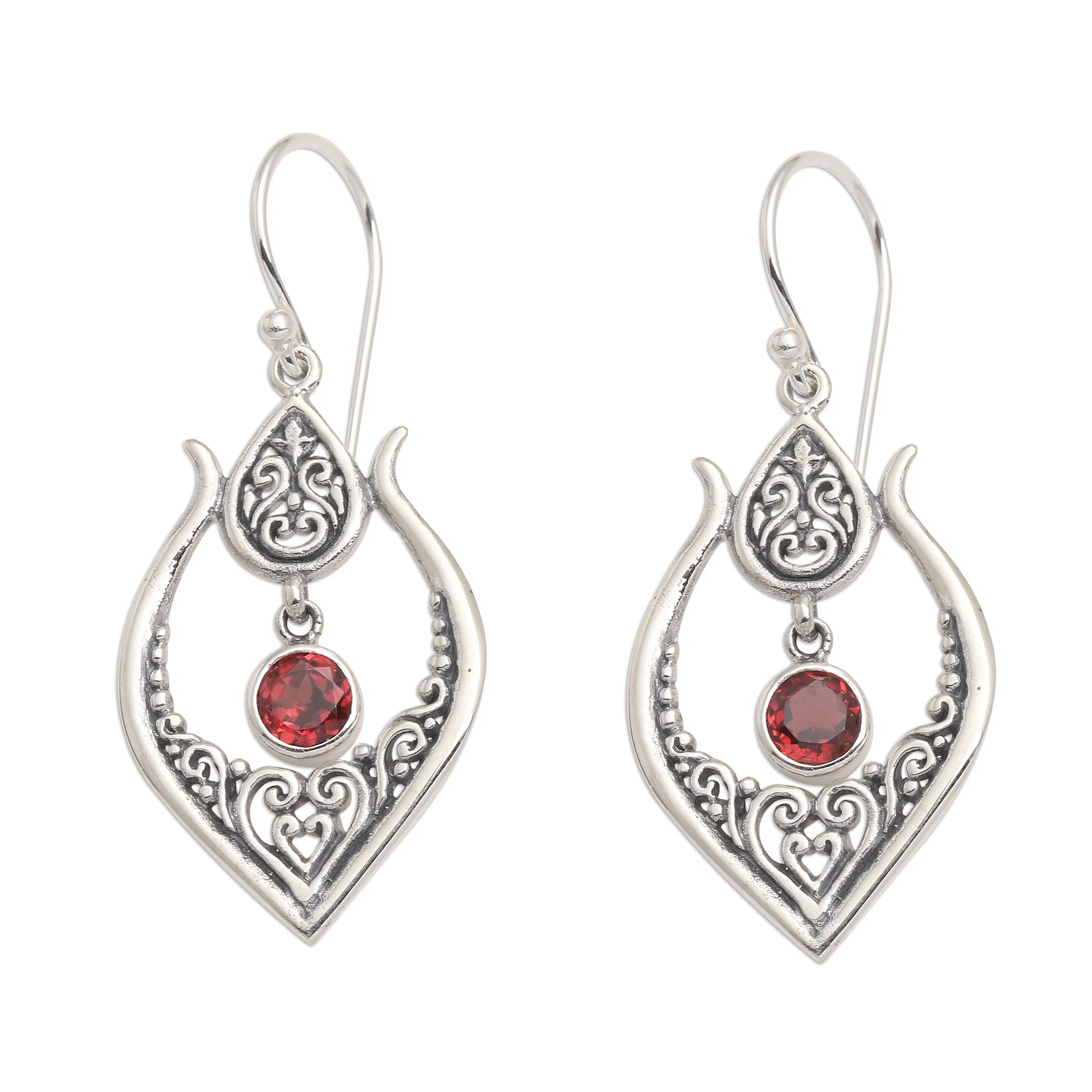 Red Flash Balinese Garnet and Sterling Silver Dangle Earrings - Image 2