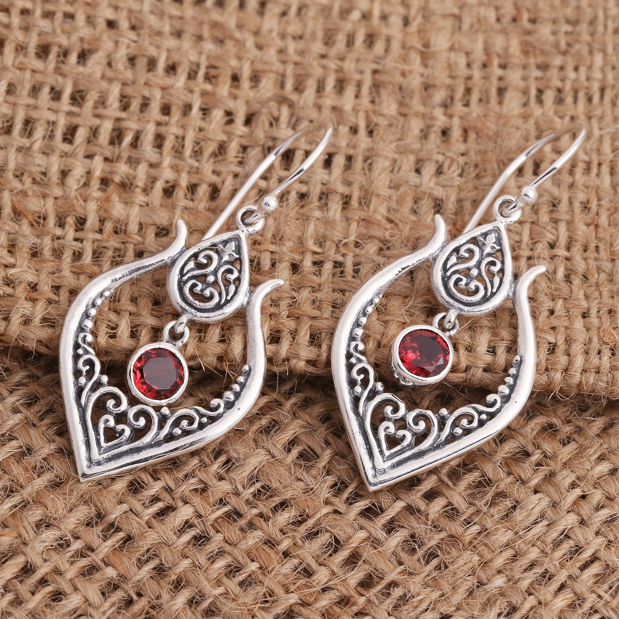 Red Flash Balinese Garnet and Sterling Silver Dangle Earrings - Image 3