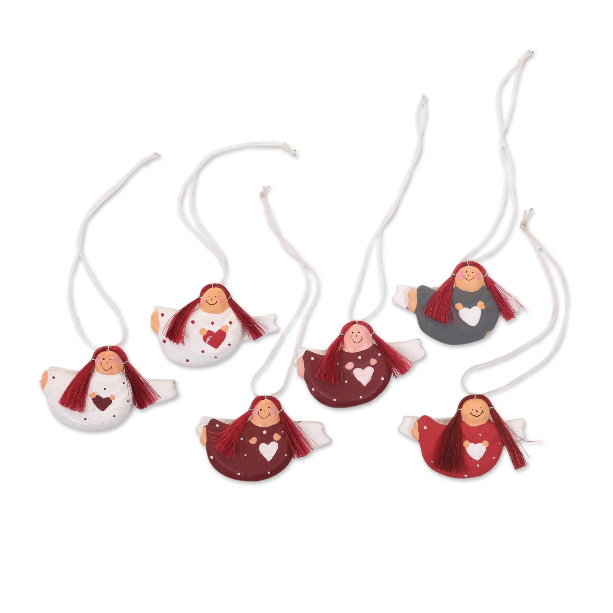 Red-headed Angels Set of 6 Red-Haired Wooden Angel Ornaments with Hearts - Image 2